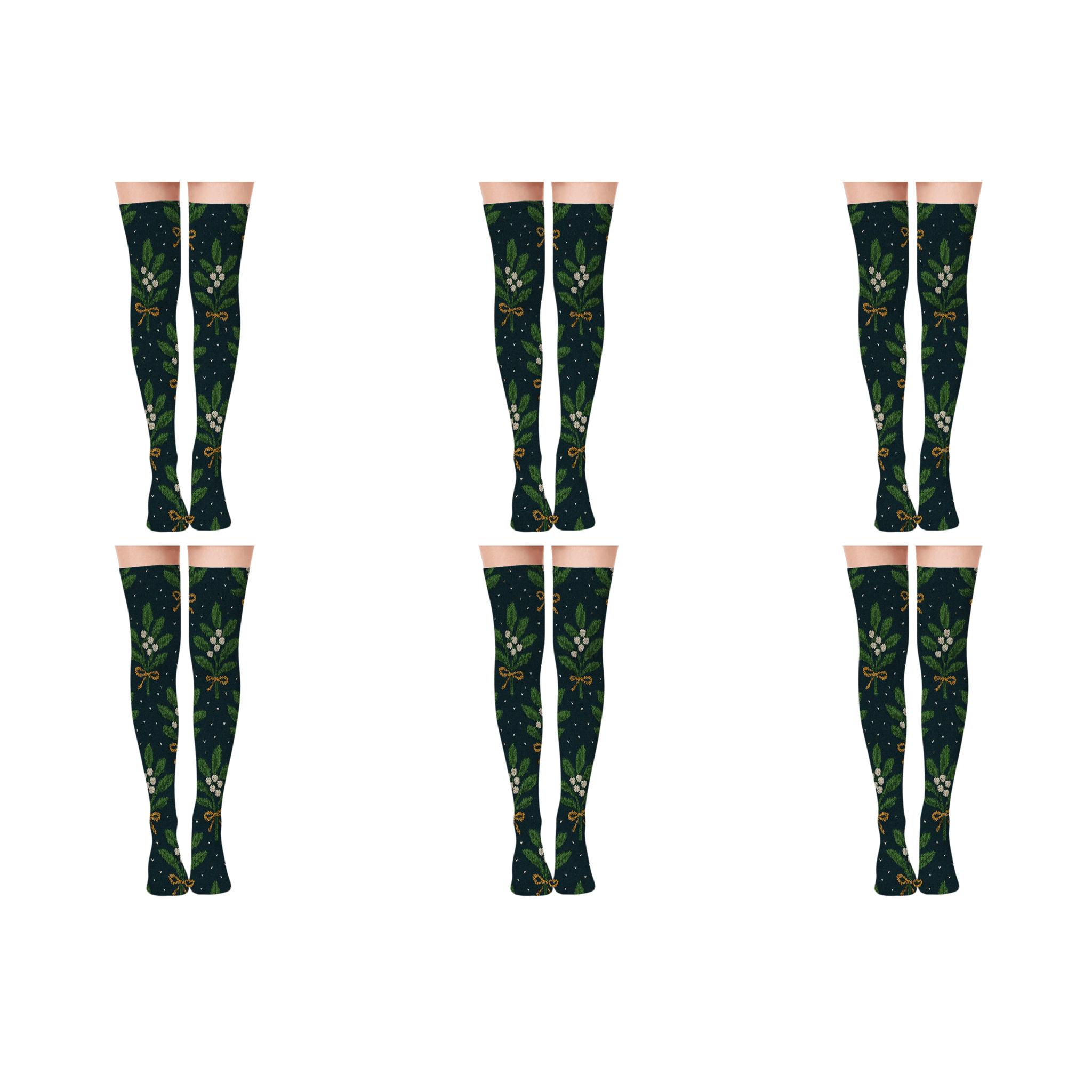 Mistletoe Sprig Grid On Midnight Blue Background soft everyday over-the-knee socks