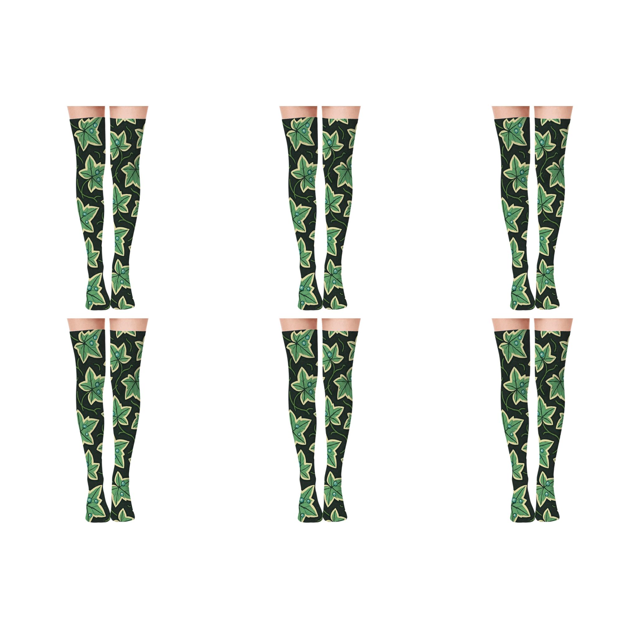 Variegated Leaf Scatter On Charcoal comfortable cotton over-the-knee socks