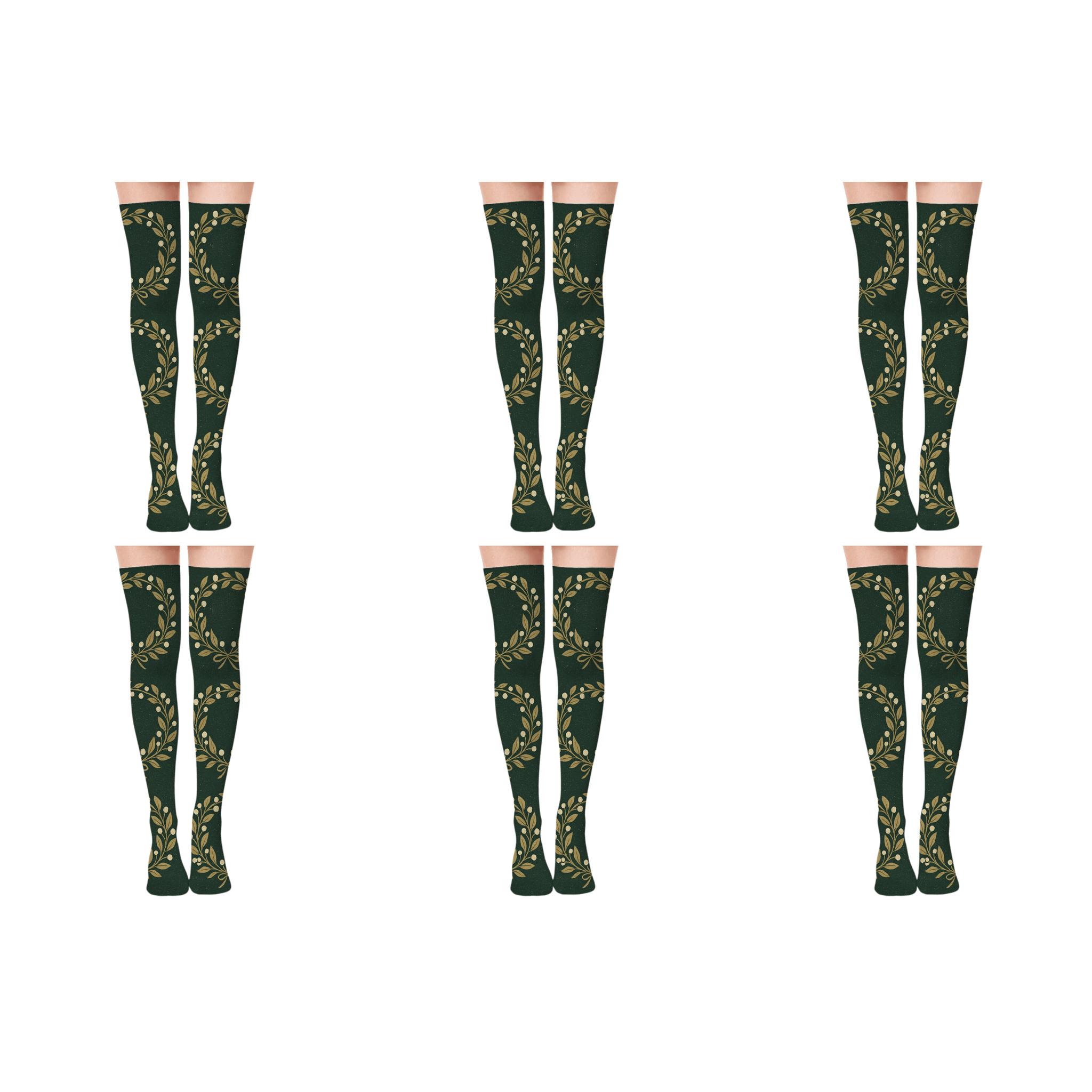 Mistletoe Wreath Repeat On Deep Evergreen Ground personalized over-the-knee socks