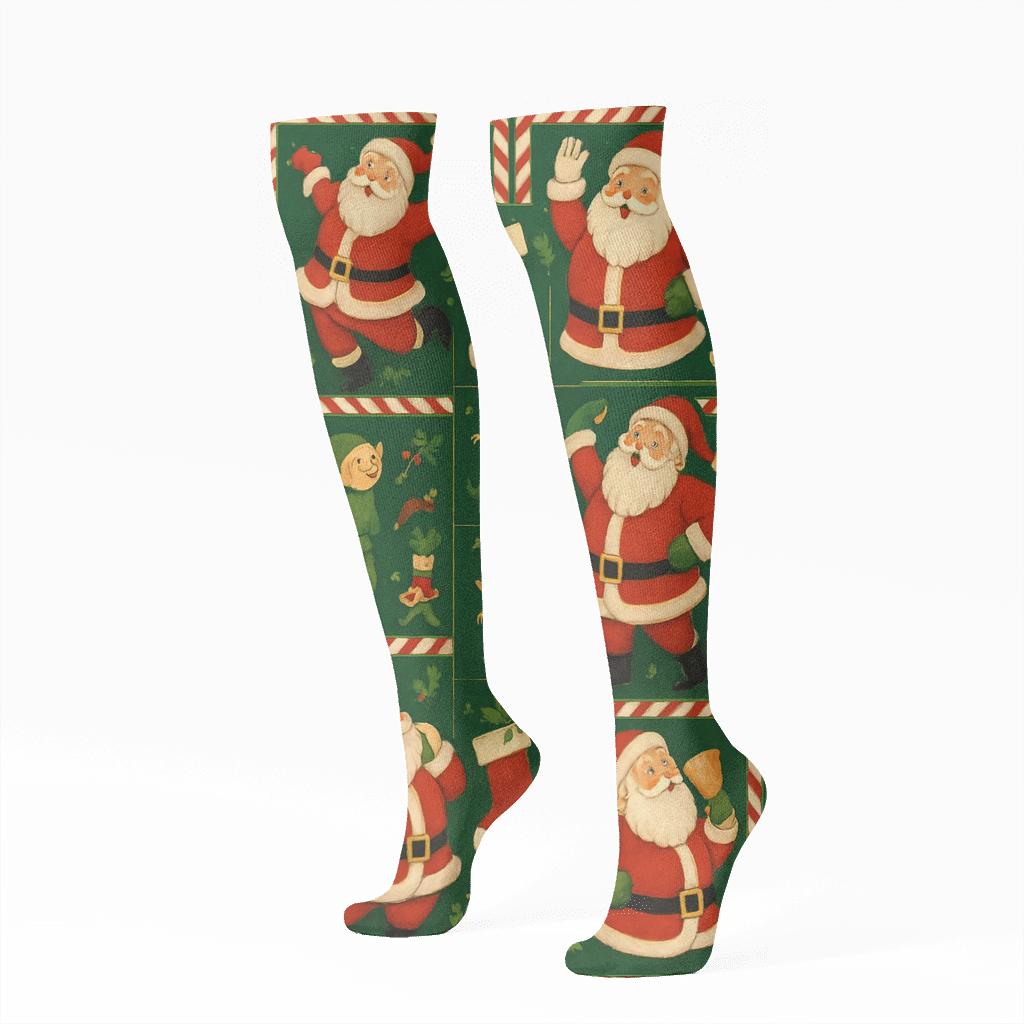 Playful Santa Claus Mosaic With Candy Cane Border stylish athletic knee-high socks