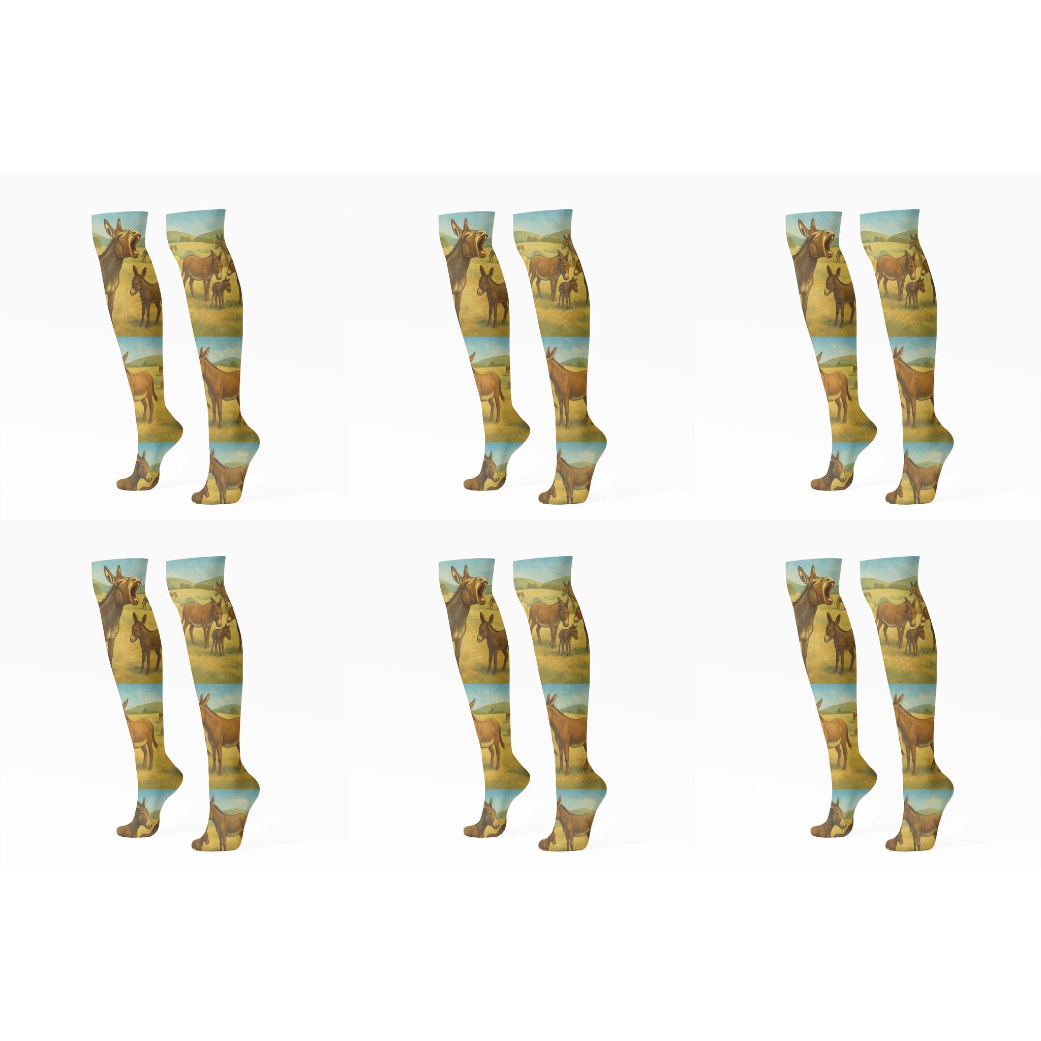 Braying Donkey On Pasture Landscape designer print knee-high socks