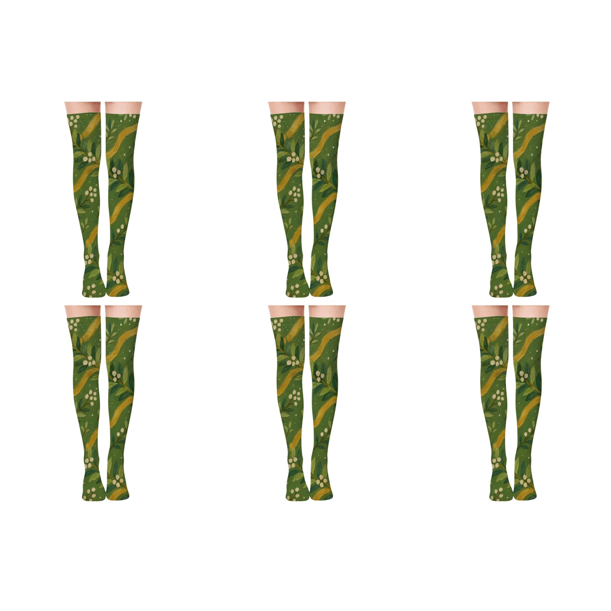 Diagonal Ribboned Garlands With Mistletoe Accent designer print over-the-knee socks
