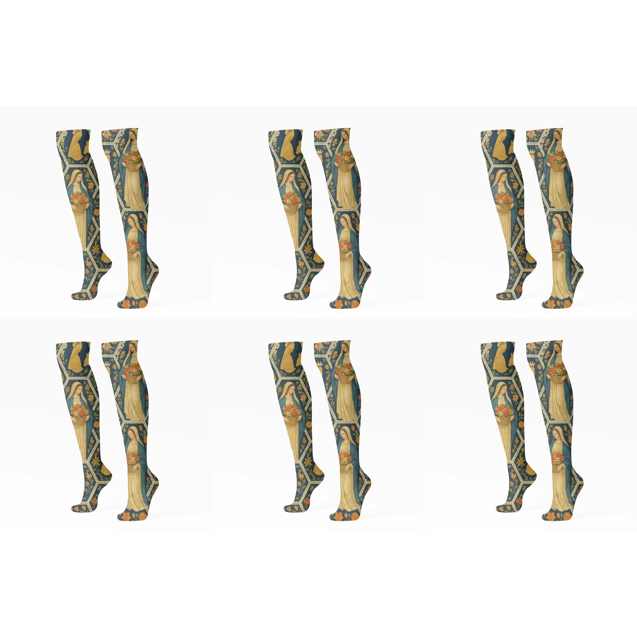 Pastoral Mary Tessellation With Basket Of Flowers comfortable cotton knee-high socks