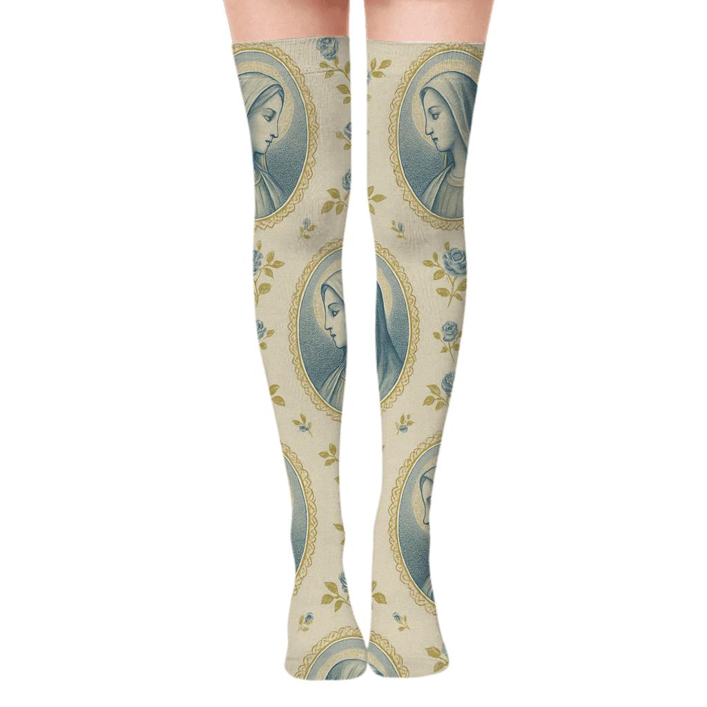 Mary Cameo Grid On Linen Cream Background stylish fashion over-the-knee socks
