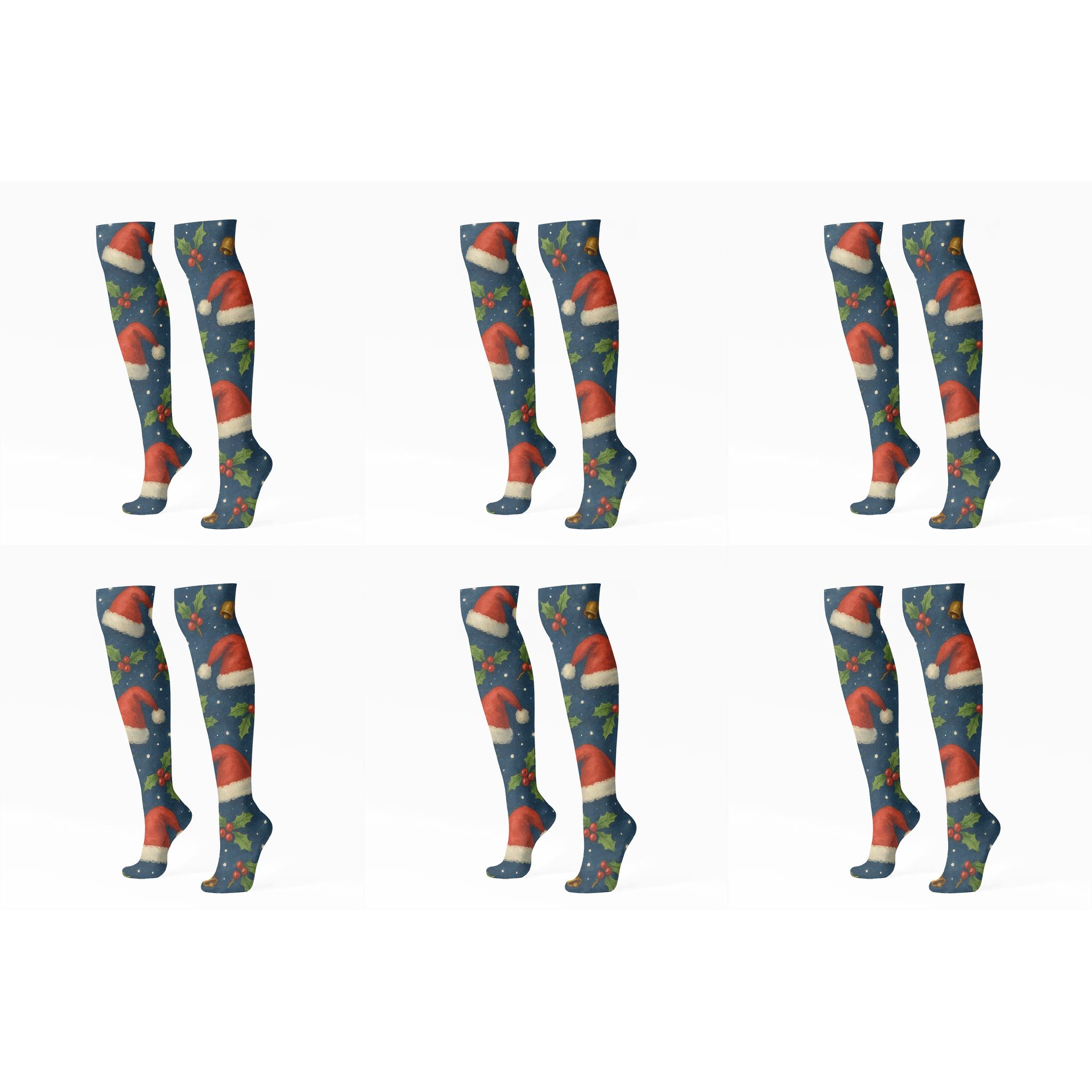 Santa Hat Scatter On Midnight Field trendy patterned knee-high socks