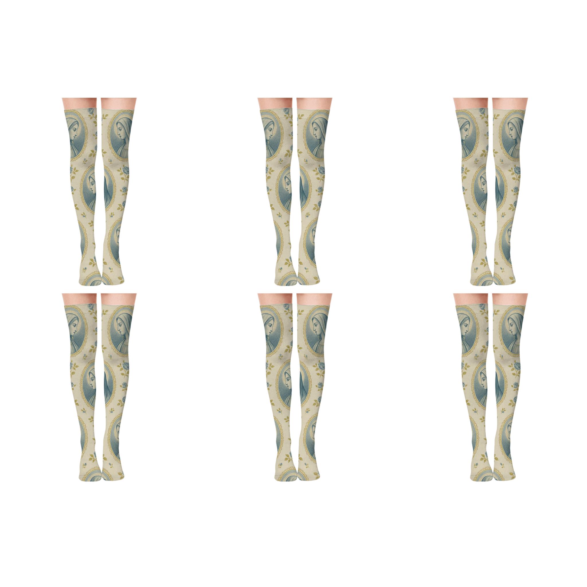 Mary Cameo Grid On Linen Cream Background custom over-the-knee socks