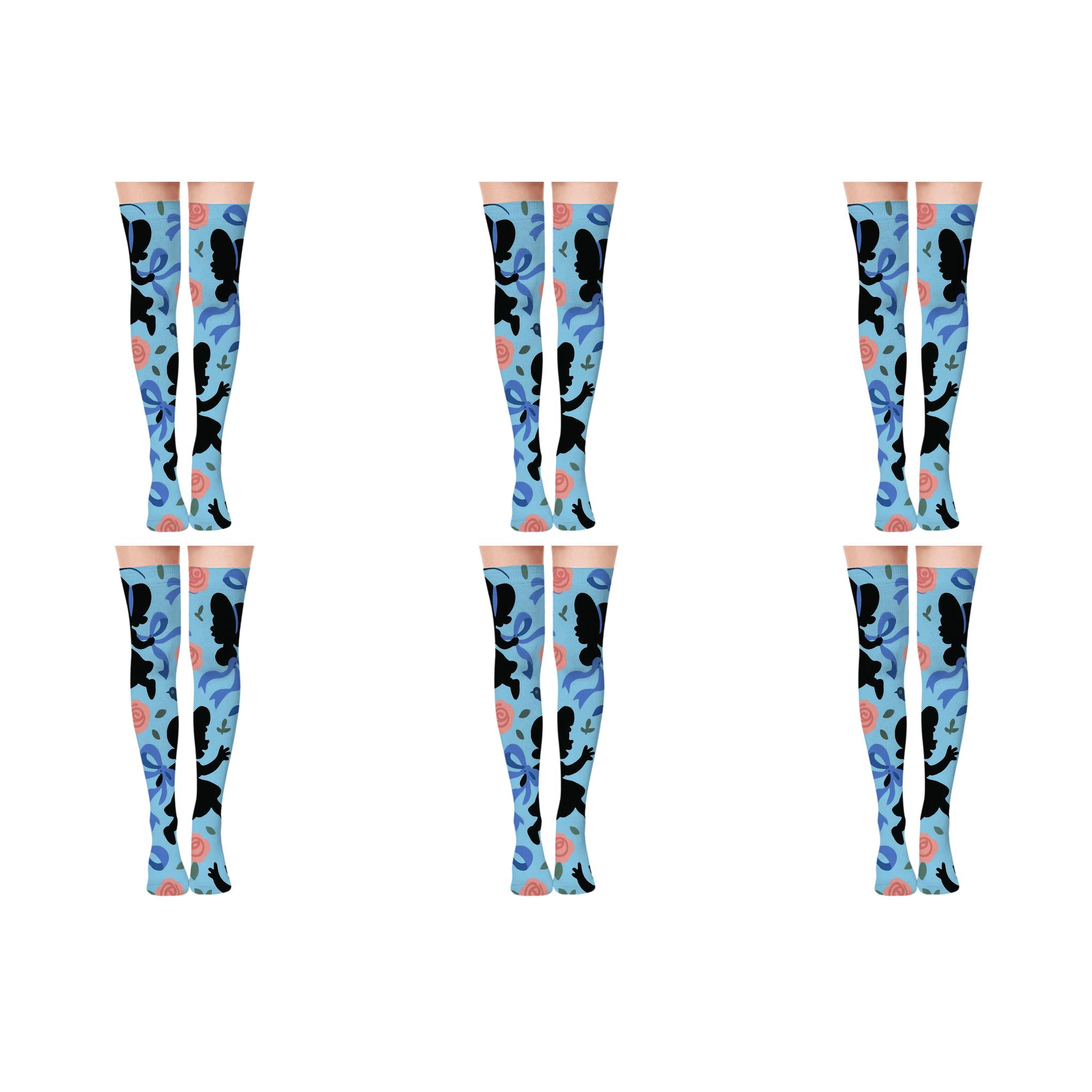 Sky Blue Ribbon And Mary Silhouette Scatter stylish fashion over-the-knee socks