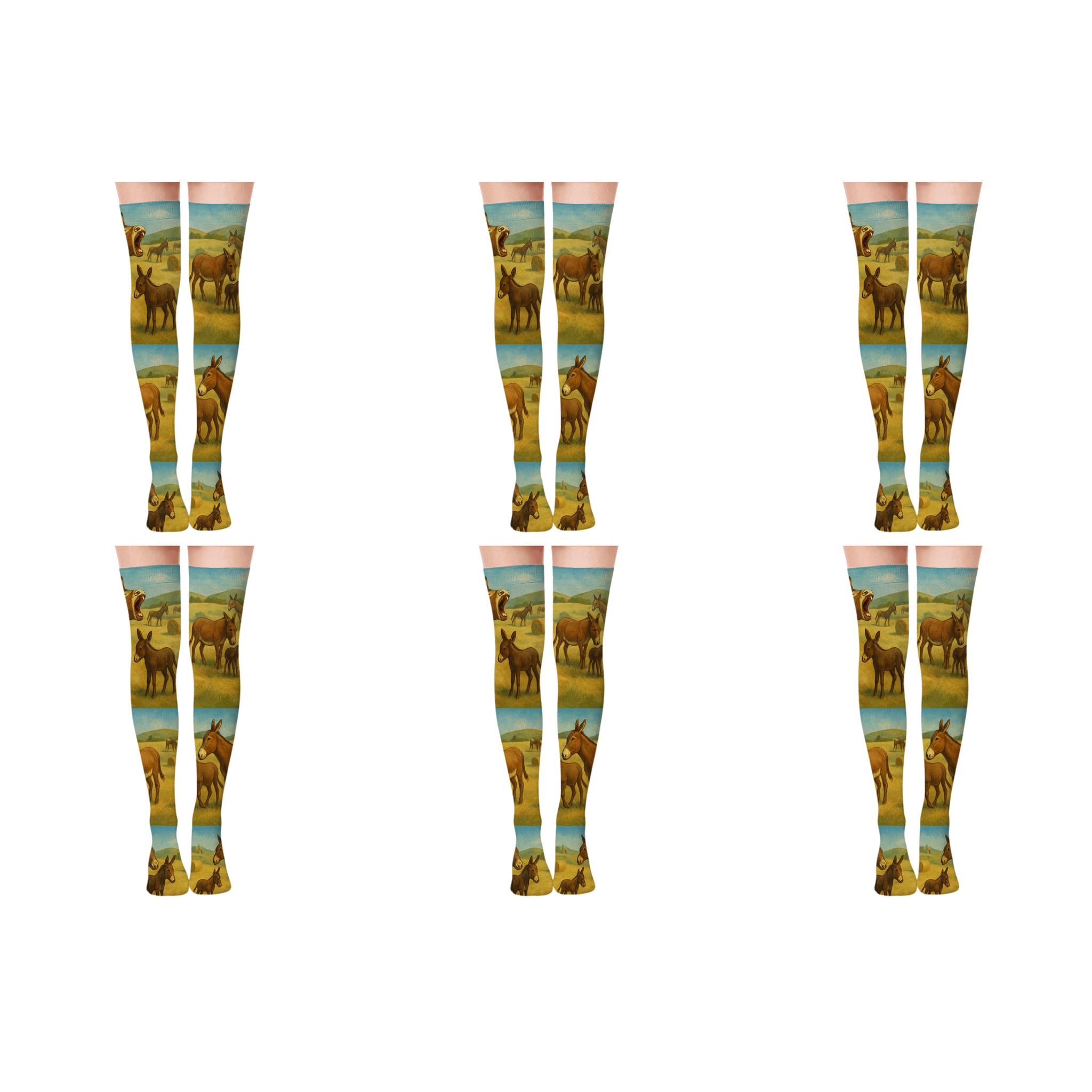 Braying Donkey On Pasture Landscape comfortable cotton over-the-knee socks