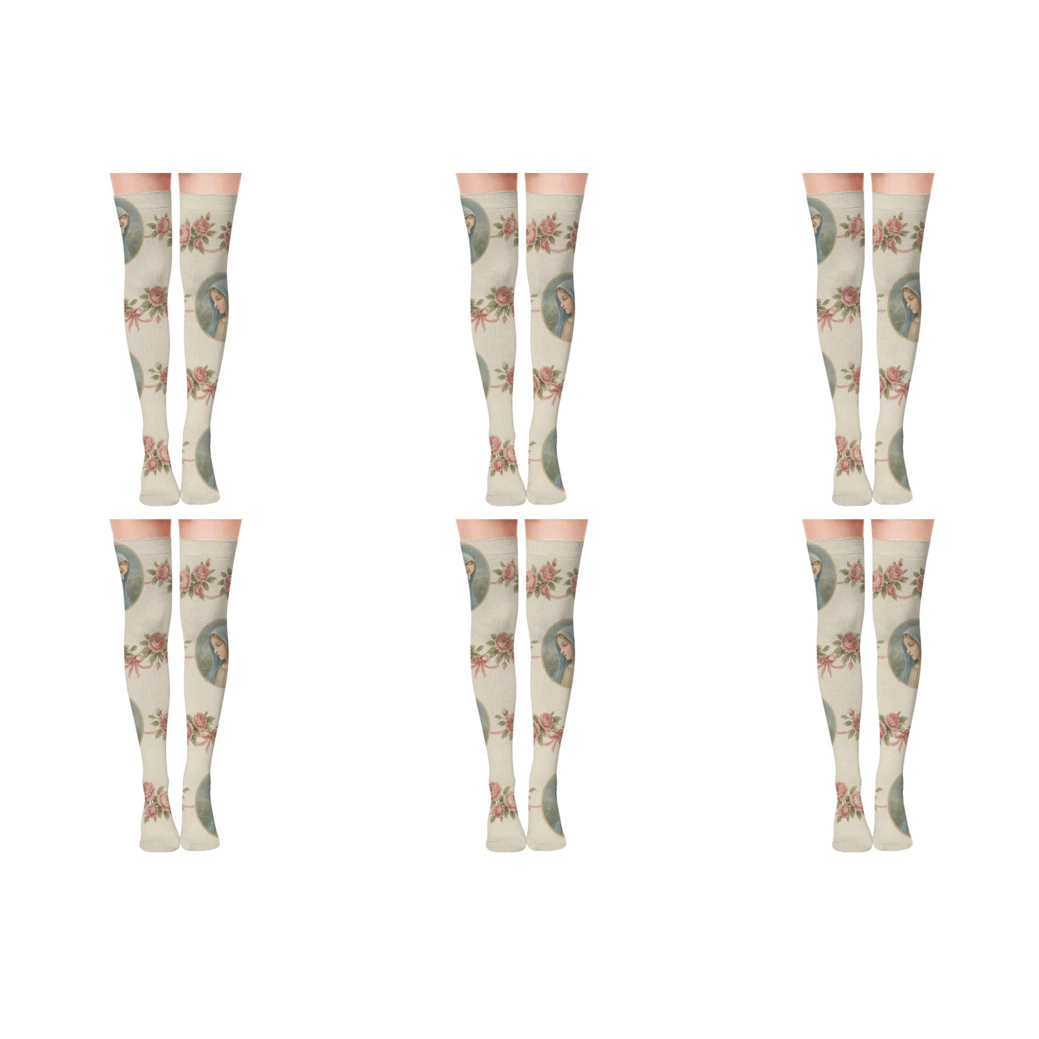 Mary With Roses Border Array unique graphic over-the-knee socks