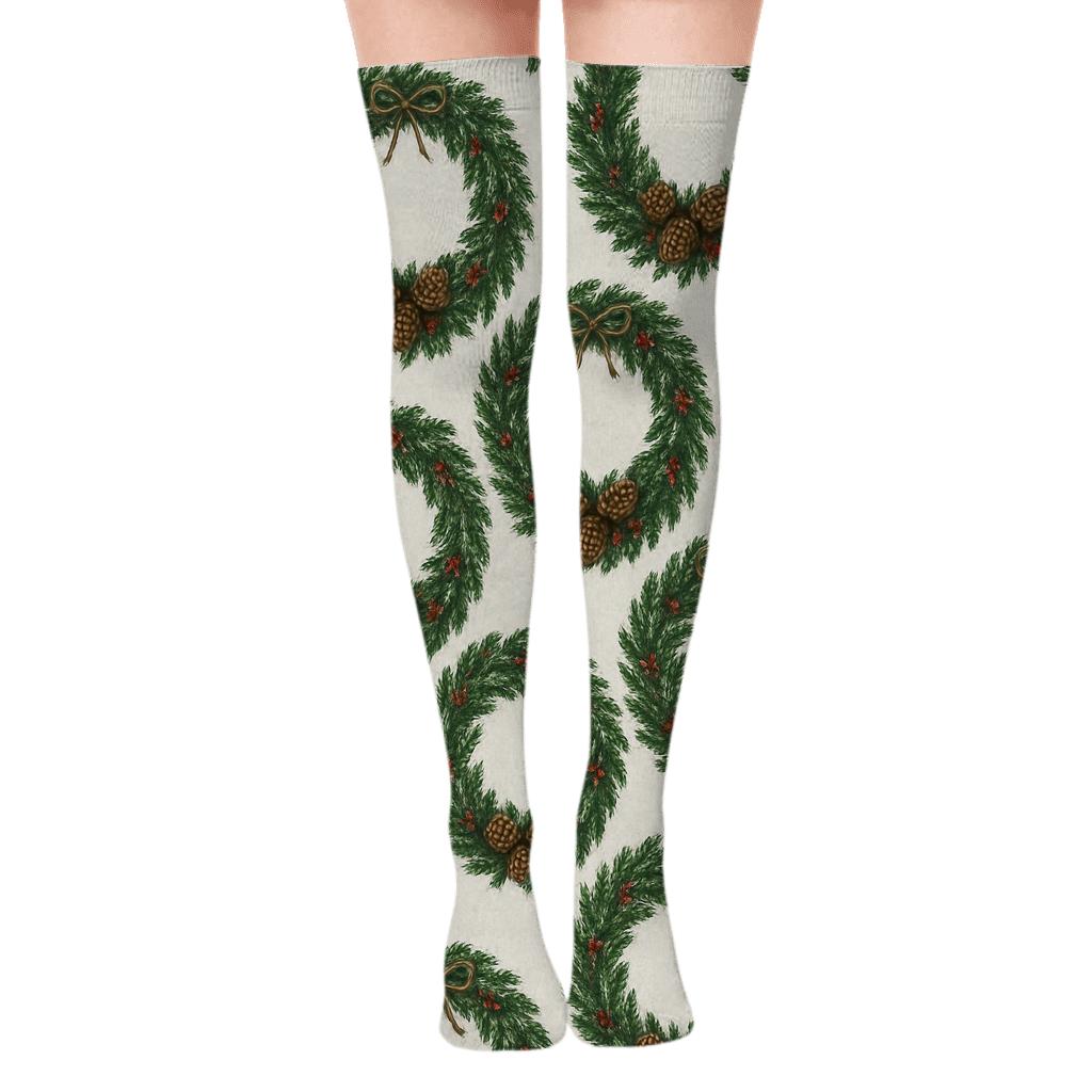 Evergreen Branches Wreath Repeat unique graphic over-the-knee socks