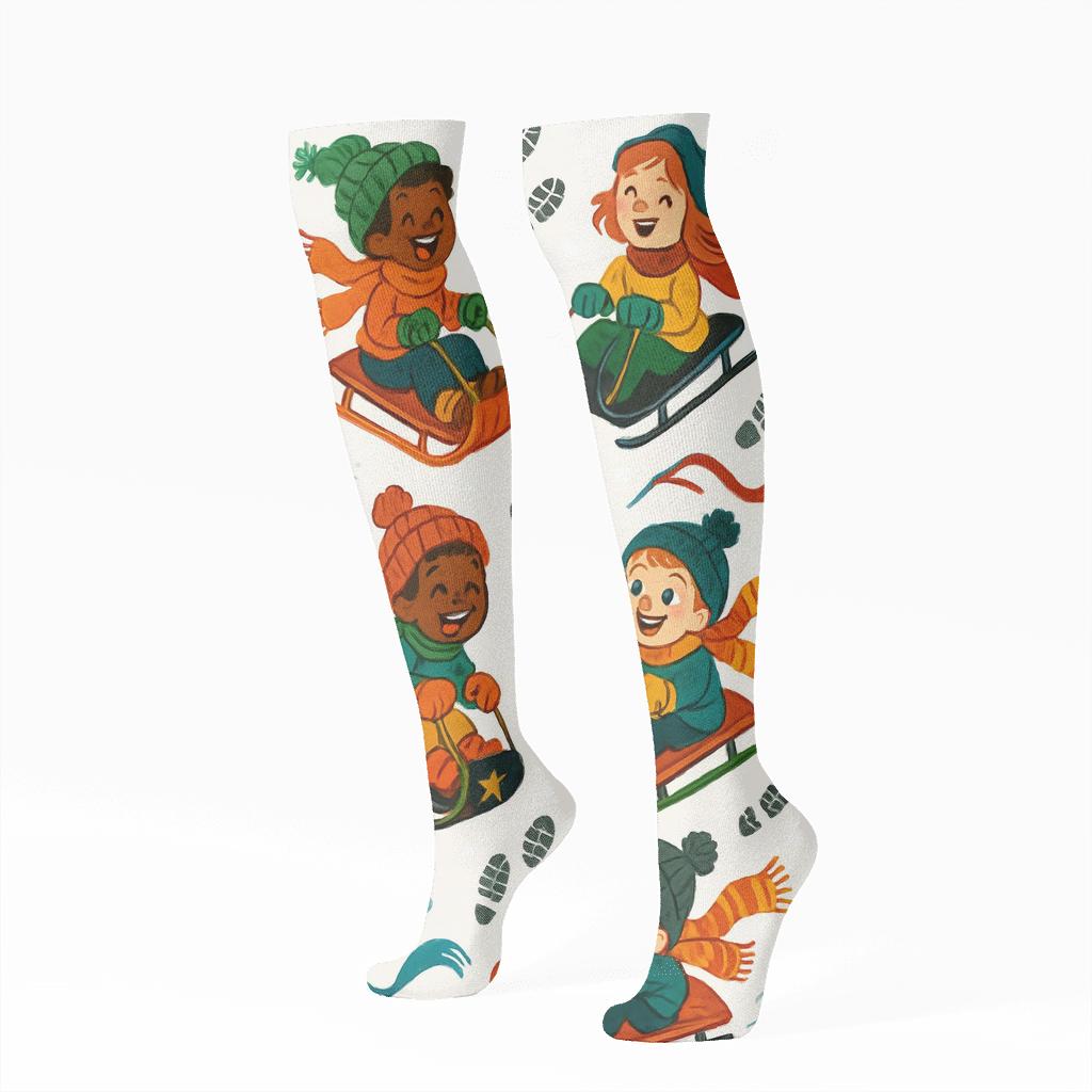 Children On Sleds Scatter With Sleigh Bells stylish athletic knee-high socks