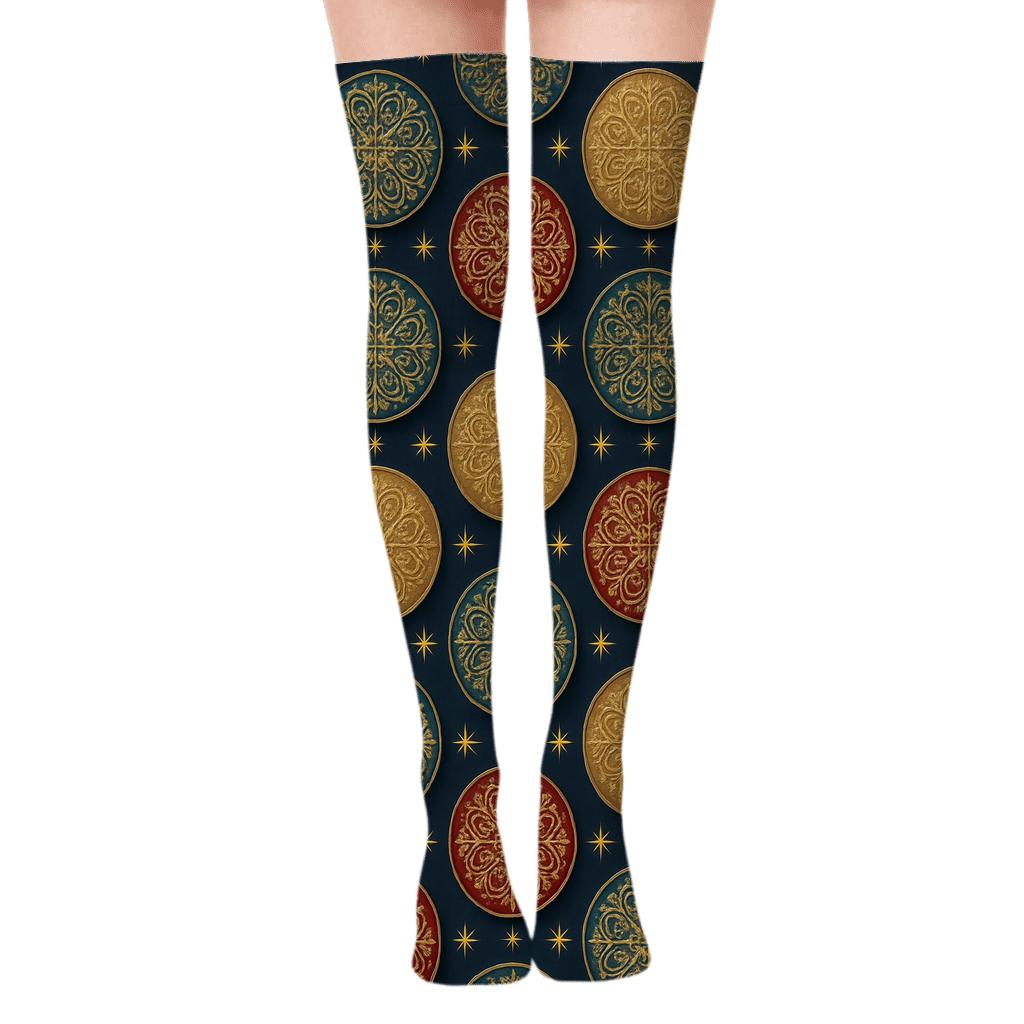 Holiday Ornament Medallion On Navy Blue designer print over-the-knee socks