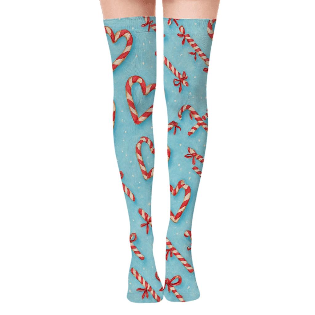 Playful Candy Canes Heart Scatter premium cozy over-the-knee socks