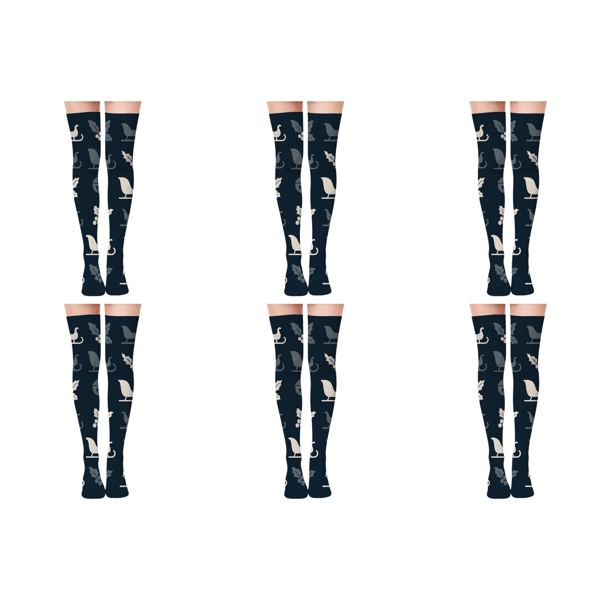 Sleigh Silhouette Grid In Deep Navy personalized over-the-knee socks