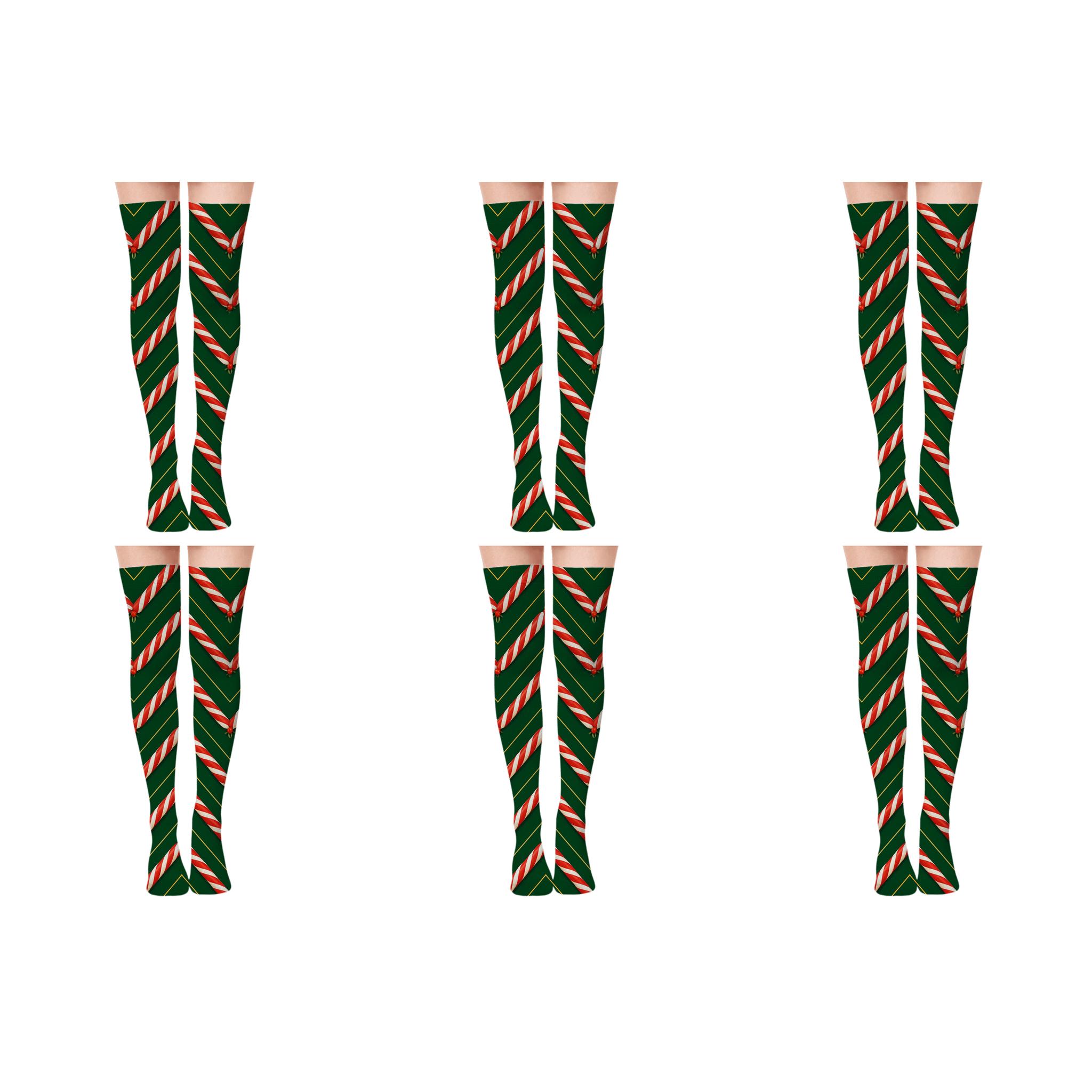 Xmas Candy Cane Chevron On Green unique graphic over-the-knee socks
