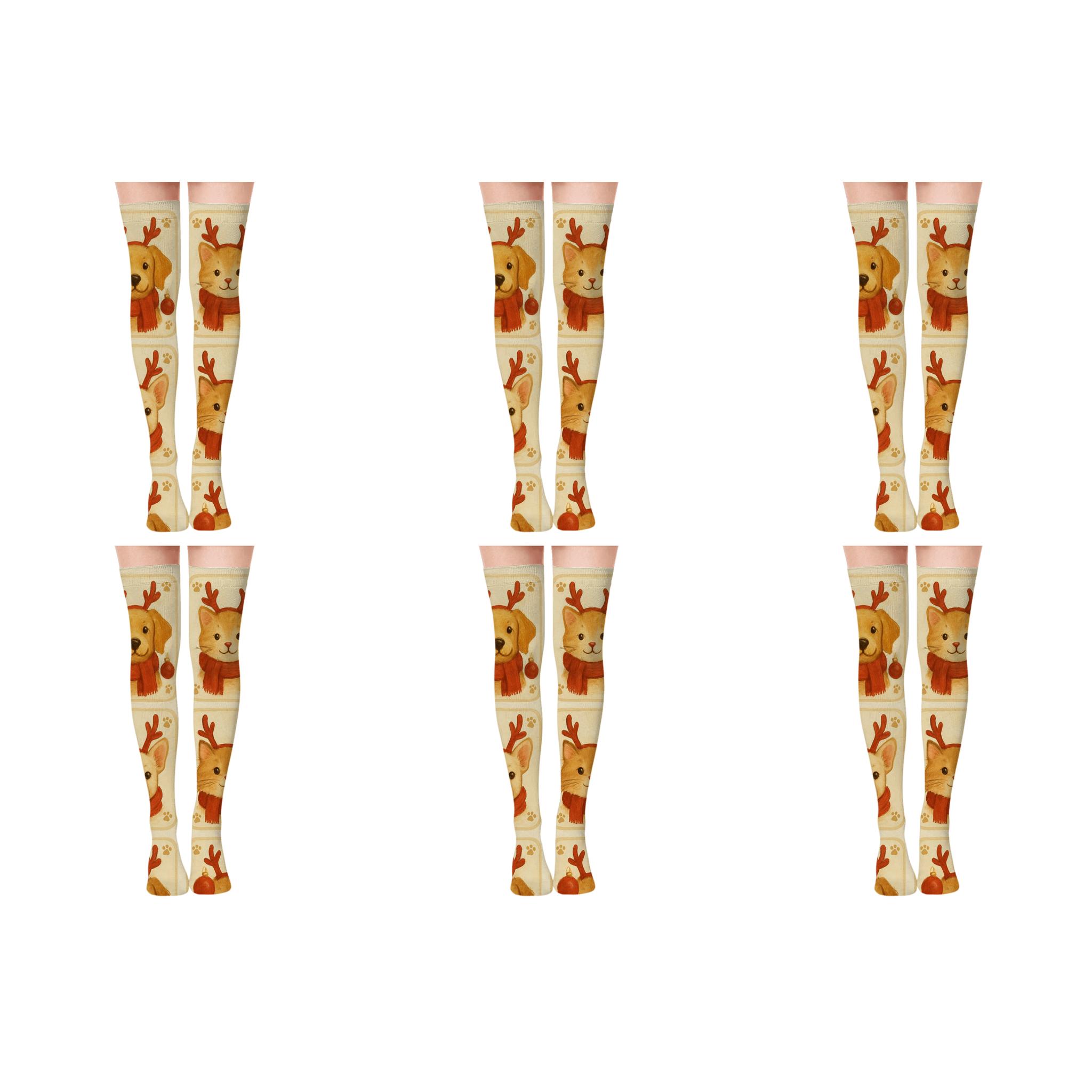 Holiday Pets Pattern With Xmas Accents stylish fashion over-the-knee socks