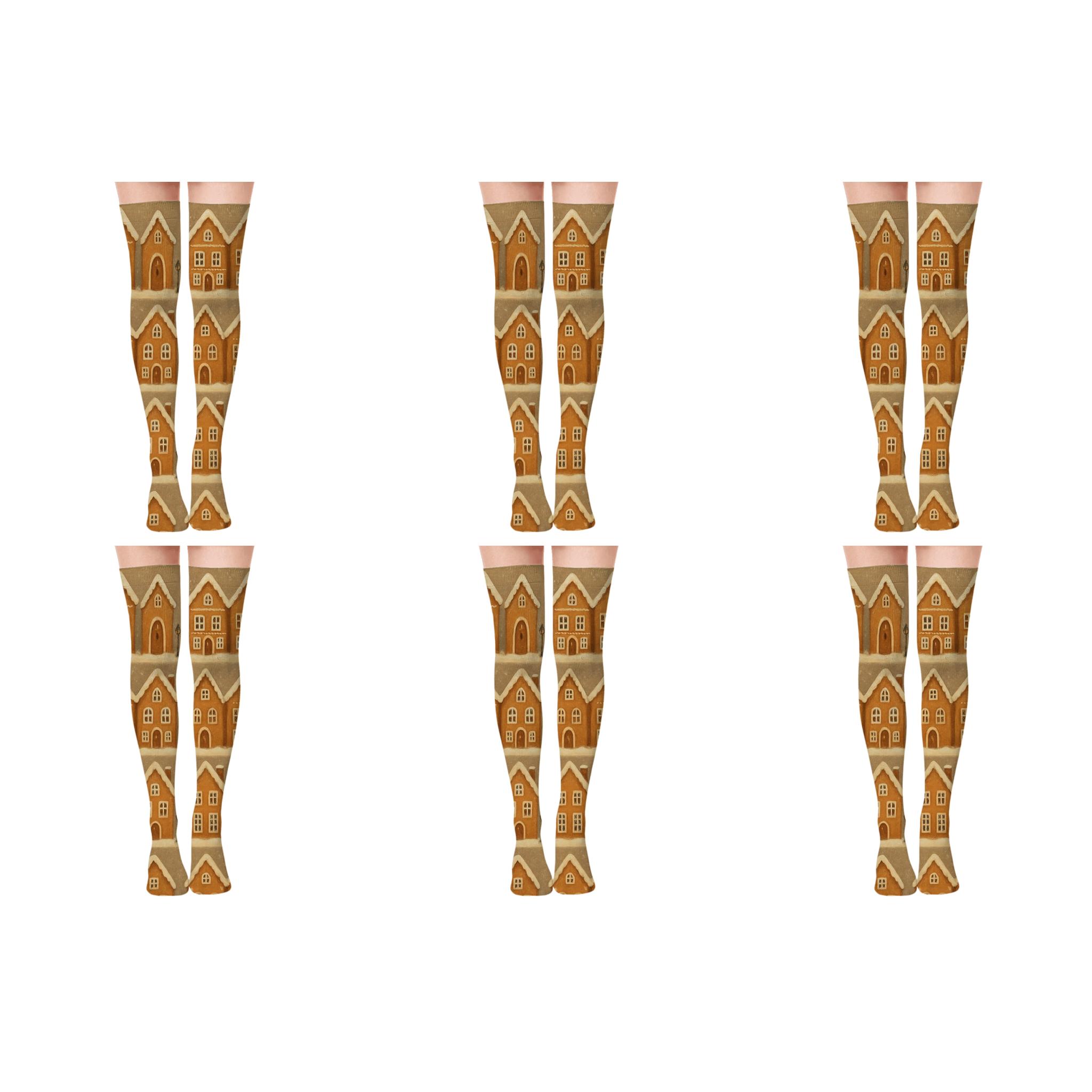 Gingerbread Village Holiday Grid trendy patterned over-the-knee socks
