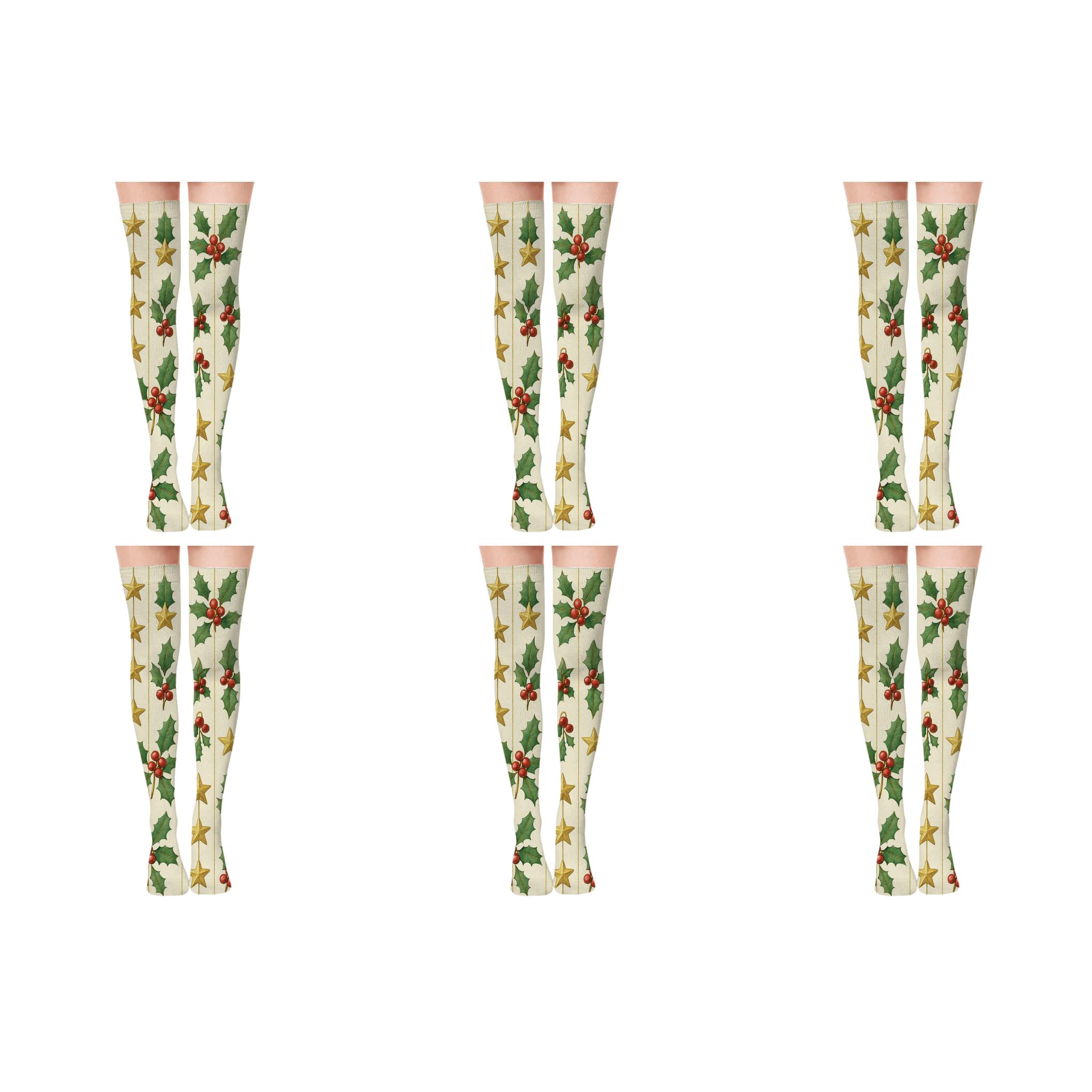 Ornament Stripe With Holiday Motifs comfortable cotton over-the-knee socks