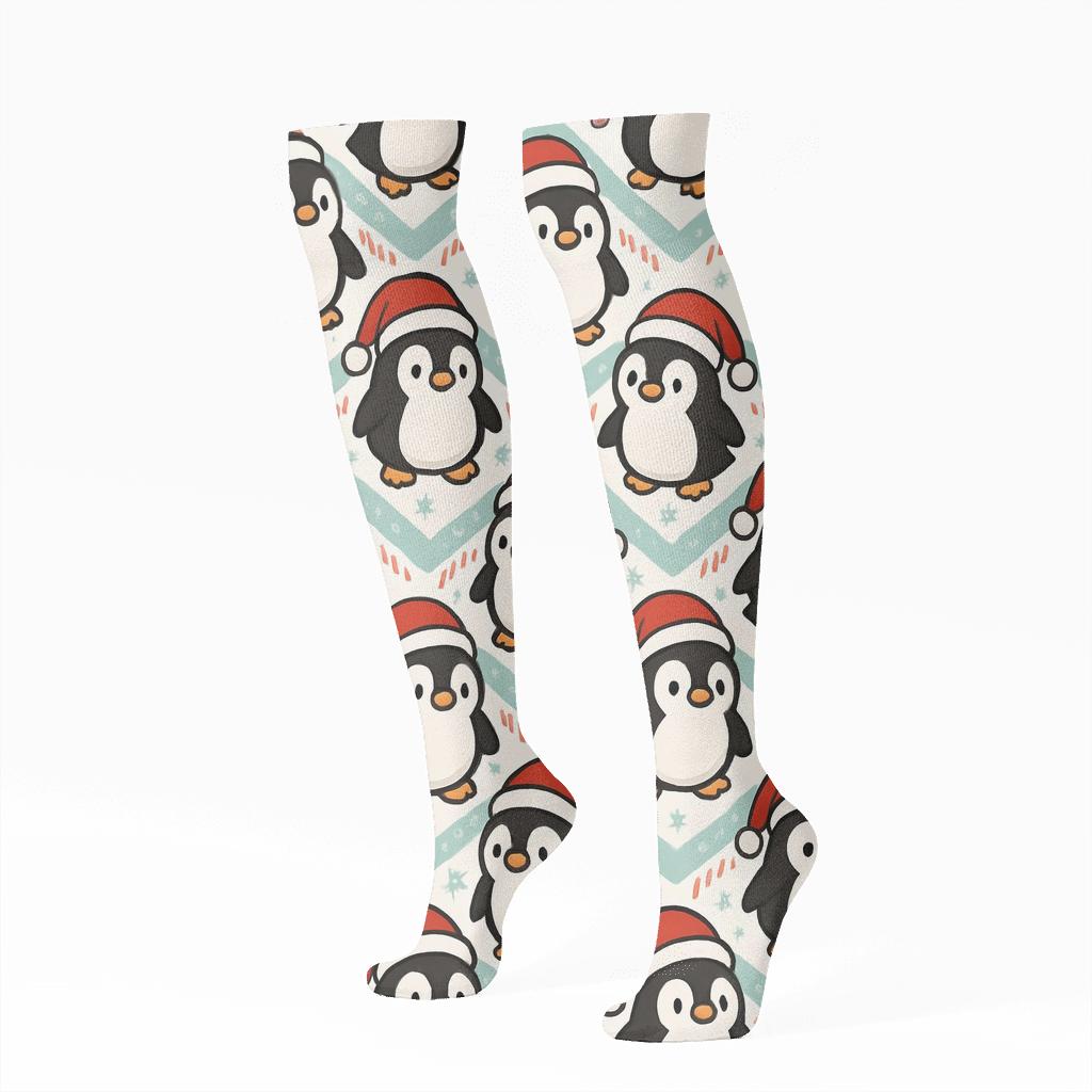 Santa Penguin Chevron On Snow White soft everyday knee-high socks