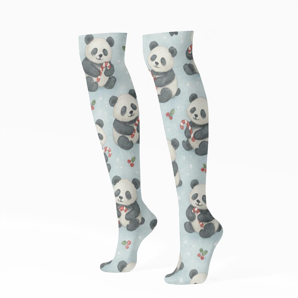 Panda Candy Cane Scatter On Frost Blue unique graphic knee-high socks