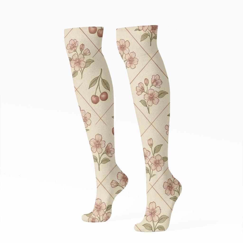 Vintage Cherry Blossom Lattice On Cream soft everyday knee-high socks