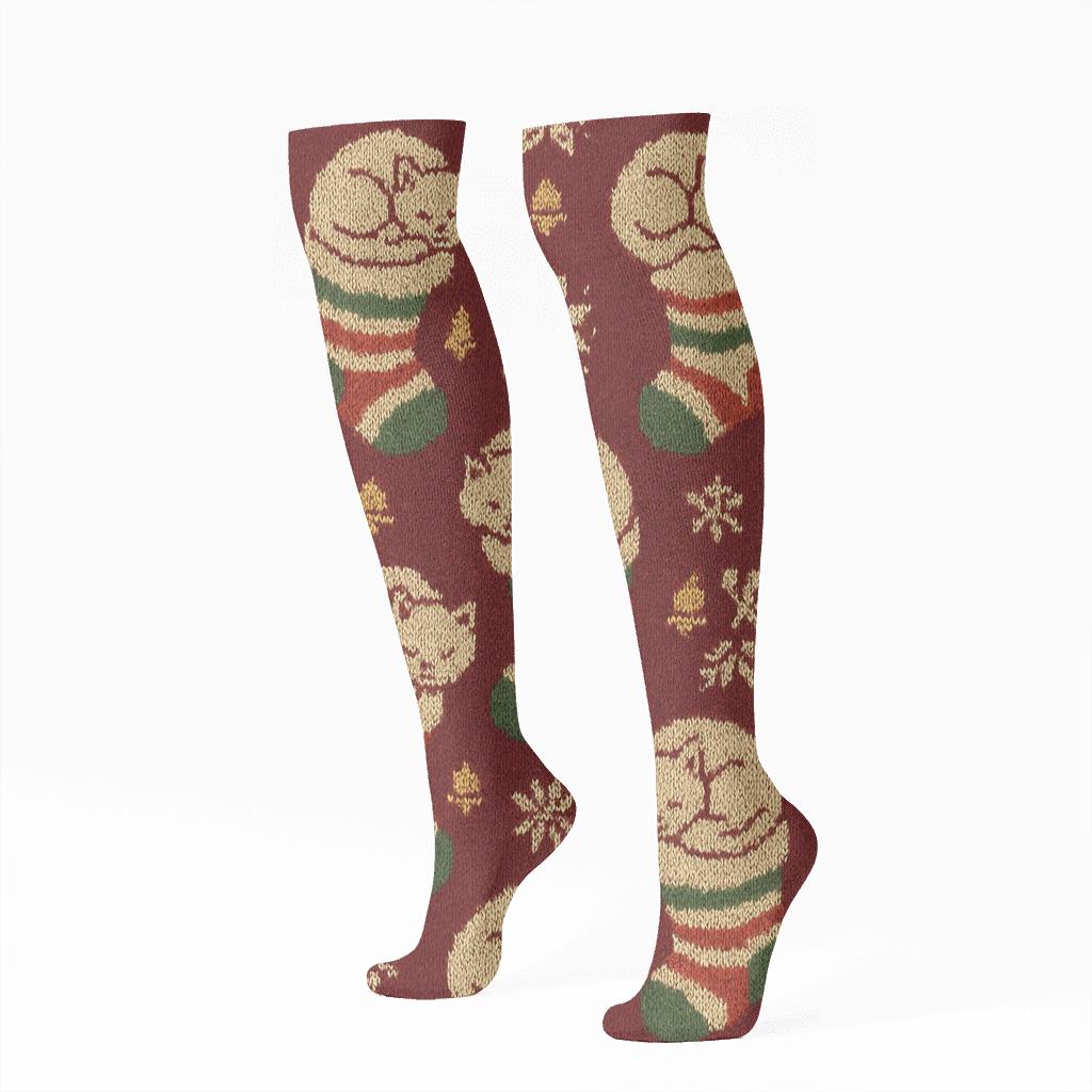 Cozy Cat Stocking Chevron On Burgundy soft everyday knee-high socks