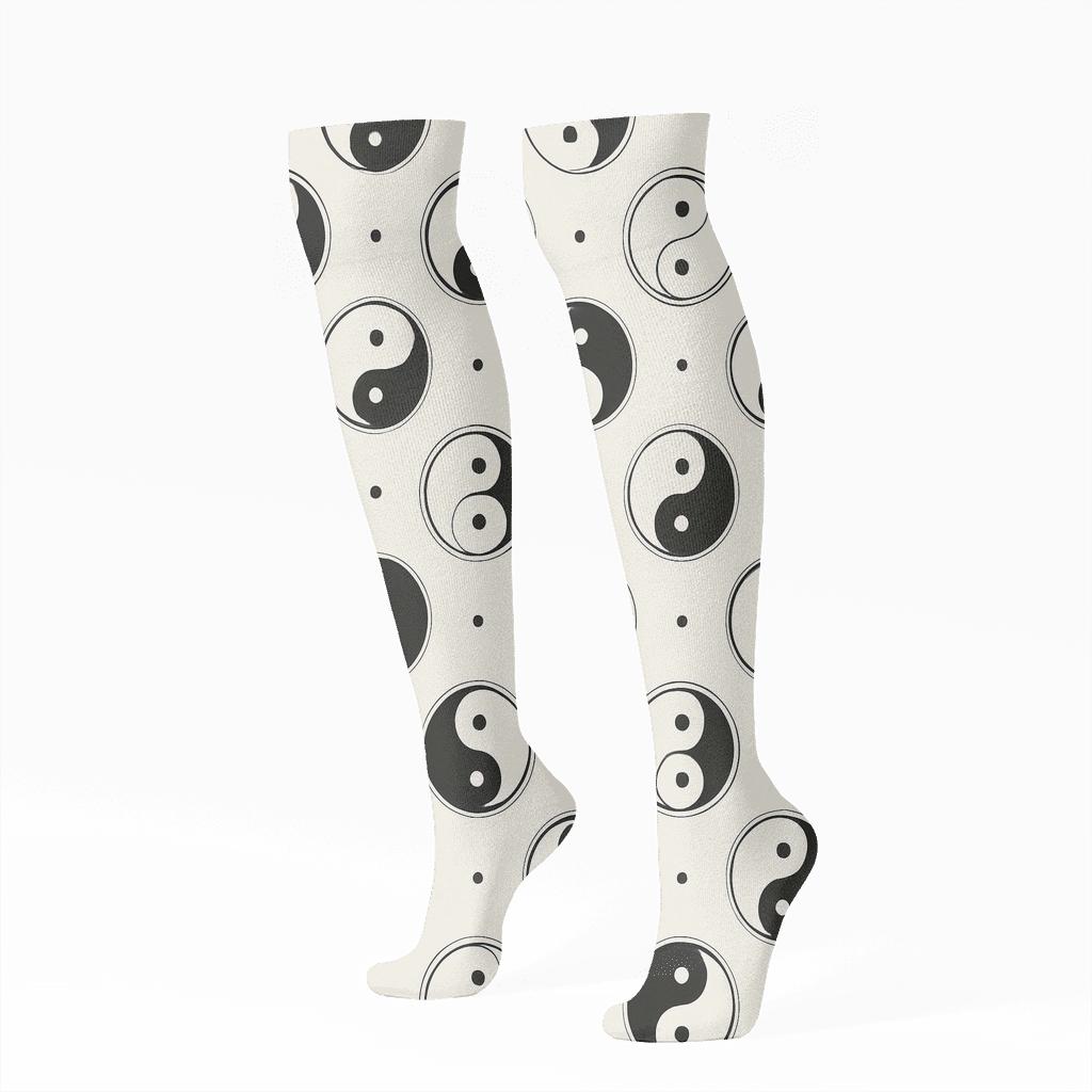 Taijitu Grid On White Field trendy patterned knee-high socks
