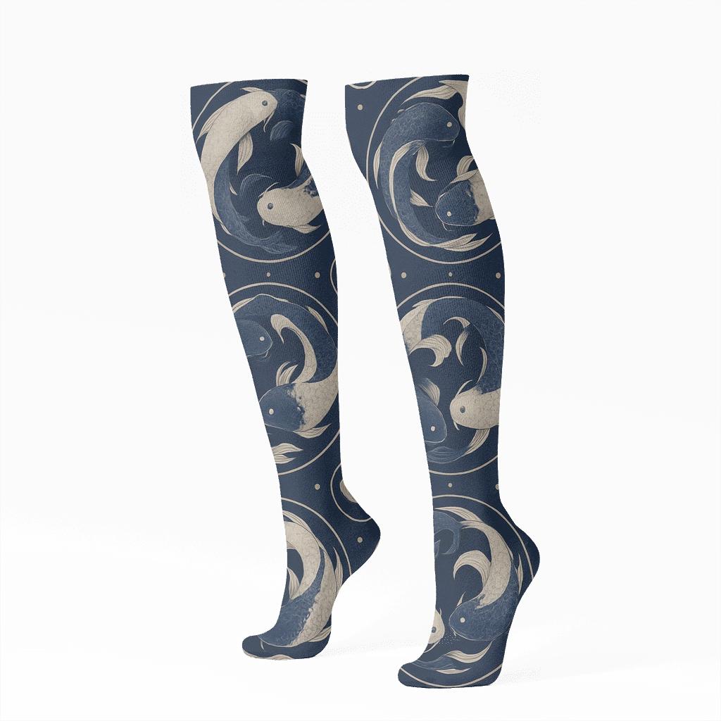 Dual Koi Circle Progression On Deep Indigo personalized knee-high socks