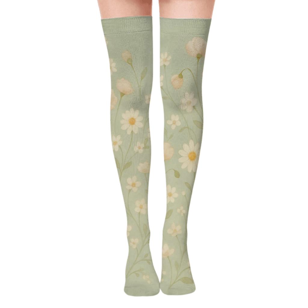 Watercolor Wildflower Meadow Wrap On Soft Sage Background trendy patterned over-the-knee socks