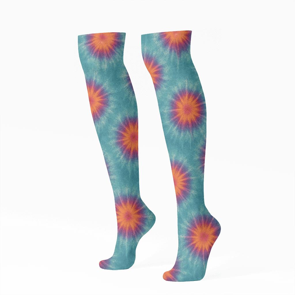 Ice Dye Starburst Tessellation On Teal Field custom knee-high socks