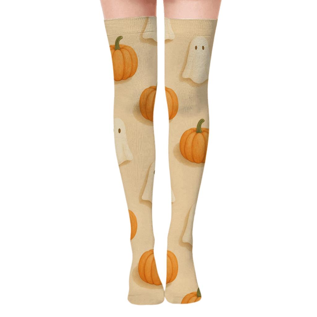 Ghost And Pumpkin Alternating Grid On Neutral Background designer print over-the-knee socks