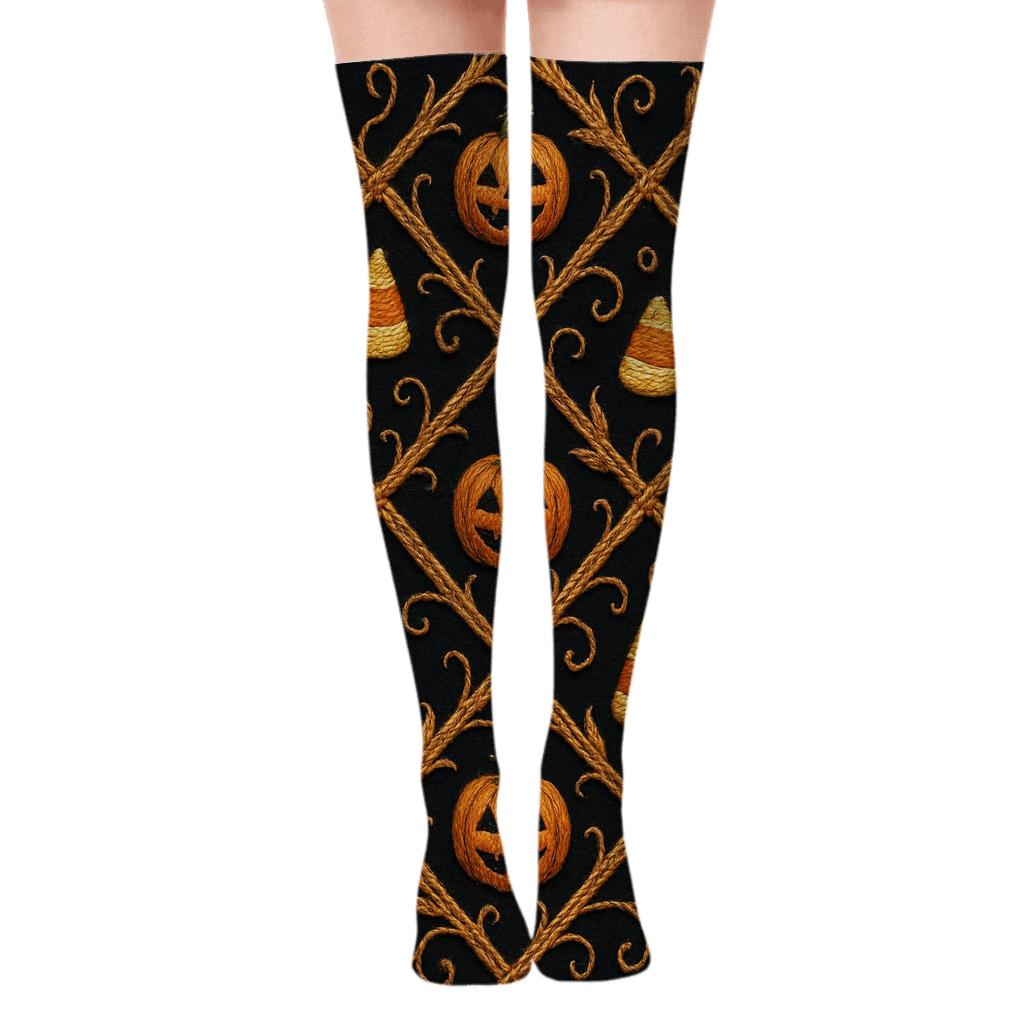 Pumpkin Vine Lattice On Black Background designer print over-the-knee socks