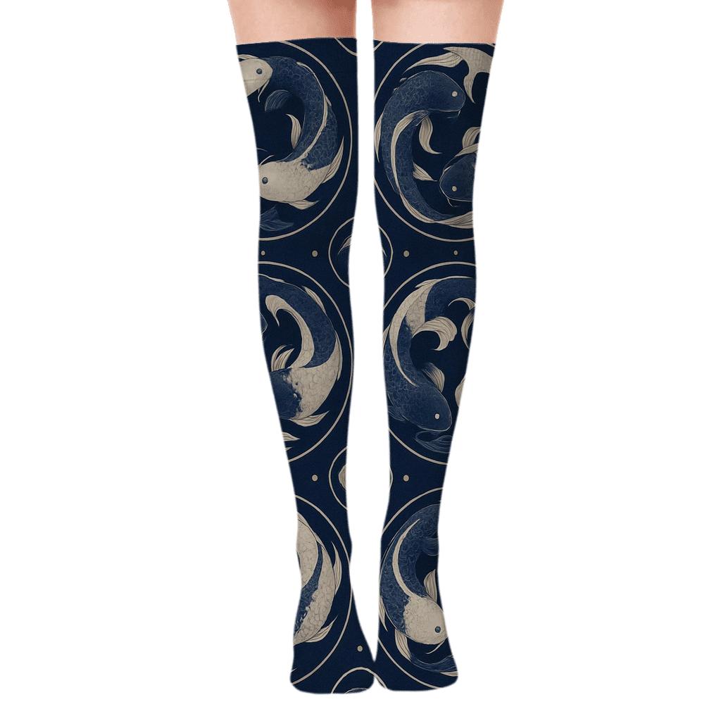 Dual Koi Circle Progression On Deep Indigo custom over-the-knee socks