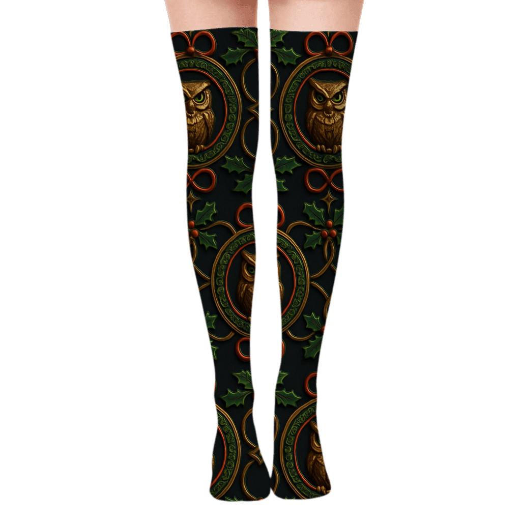 Holiday Owl Concentric Medallions On Midnight premium cozy over-the-knee socks