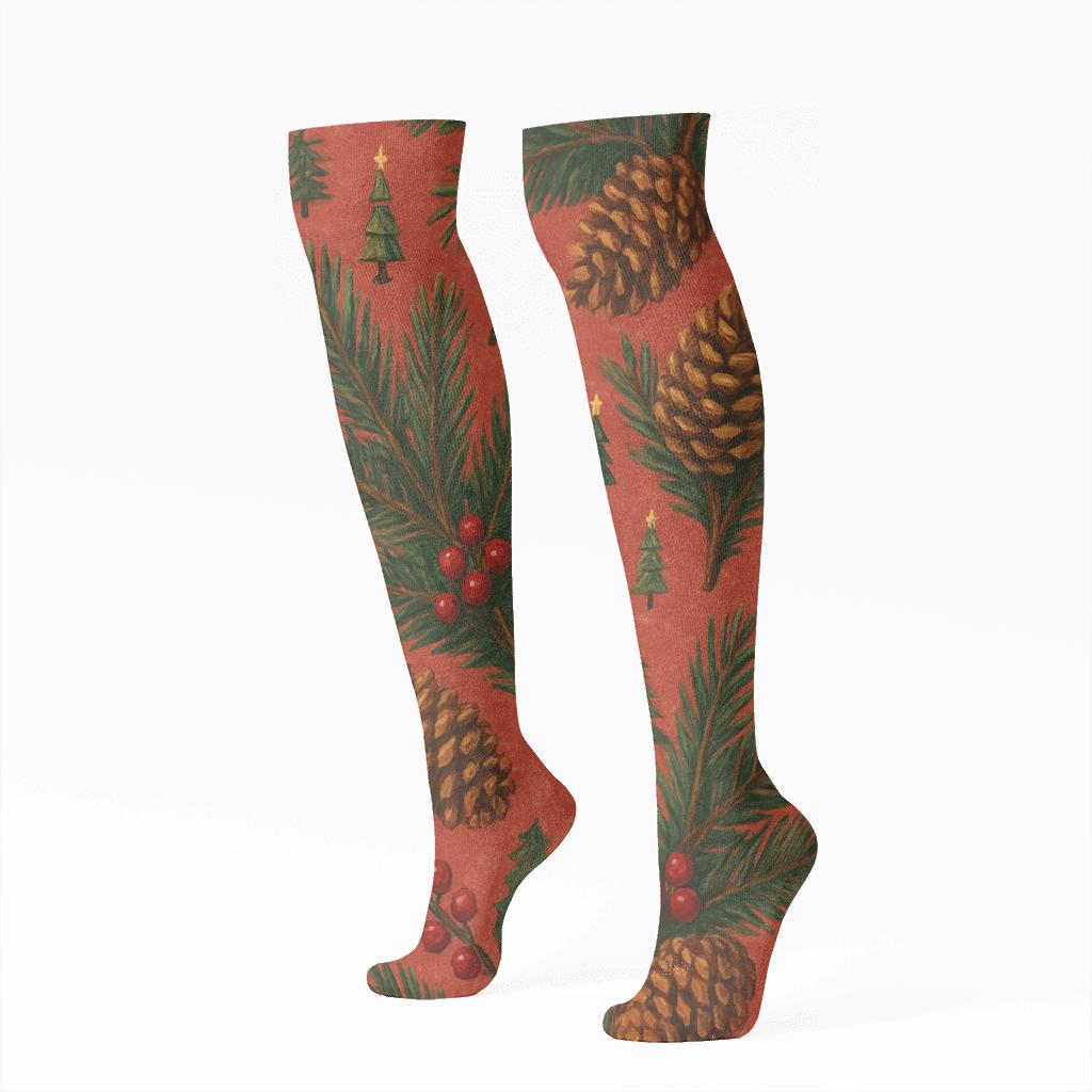 Vintage Pine Cone And Needle Scatter Christmas Tree trendy patterned knee-high socks