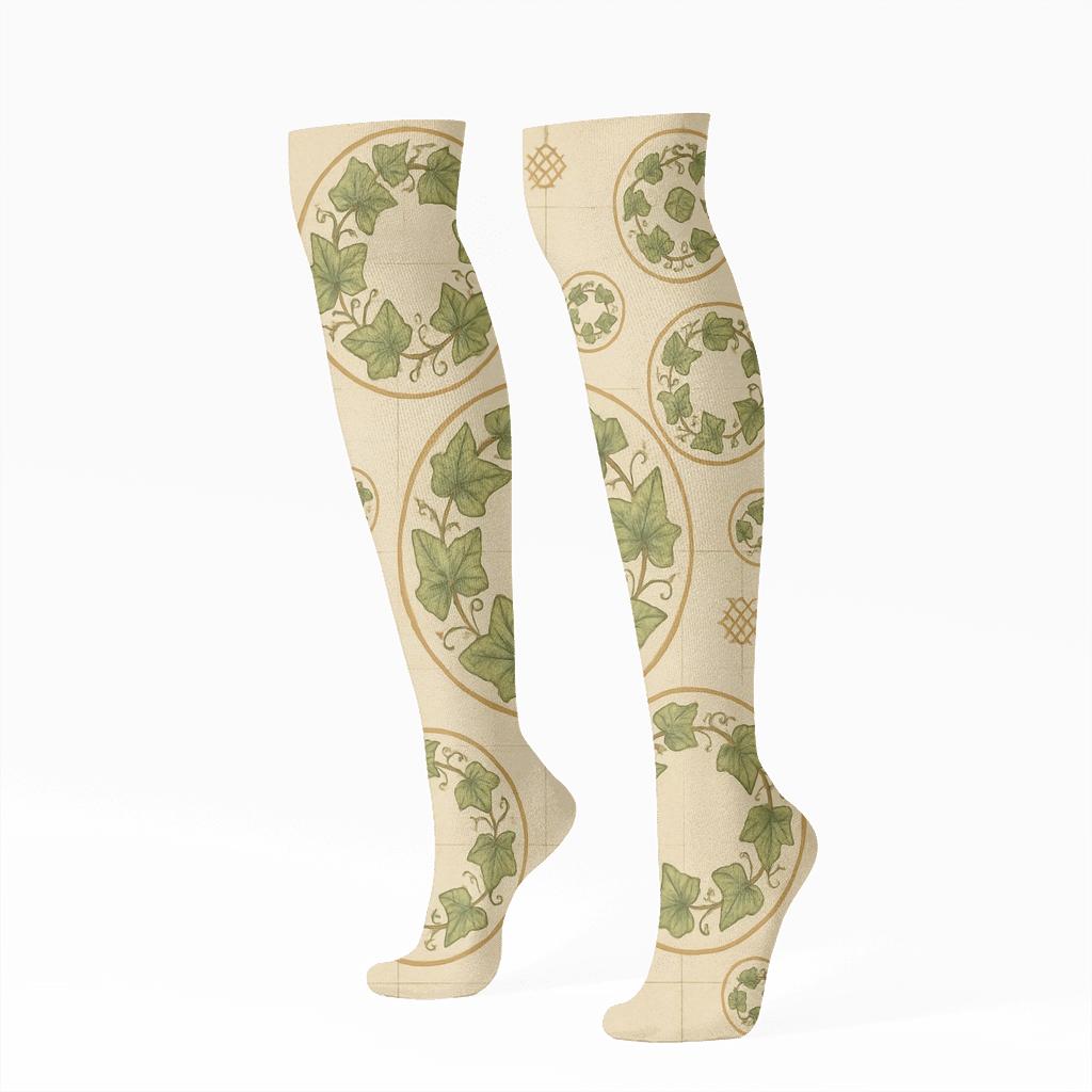 Ivy Wreath Medallion On Pale Cream stylish athletic knee-high socks