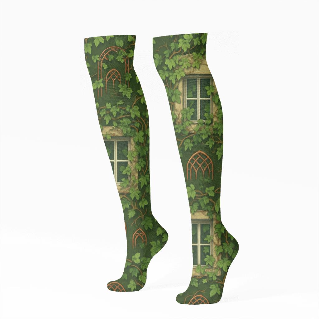 Playful Ivy Window Frames On Deep Olive unique graphic knee-high socks