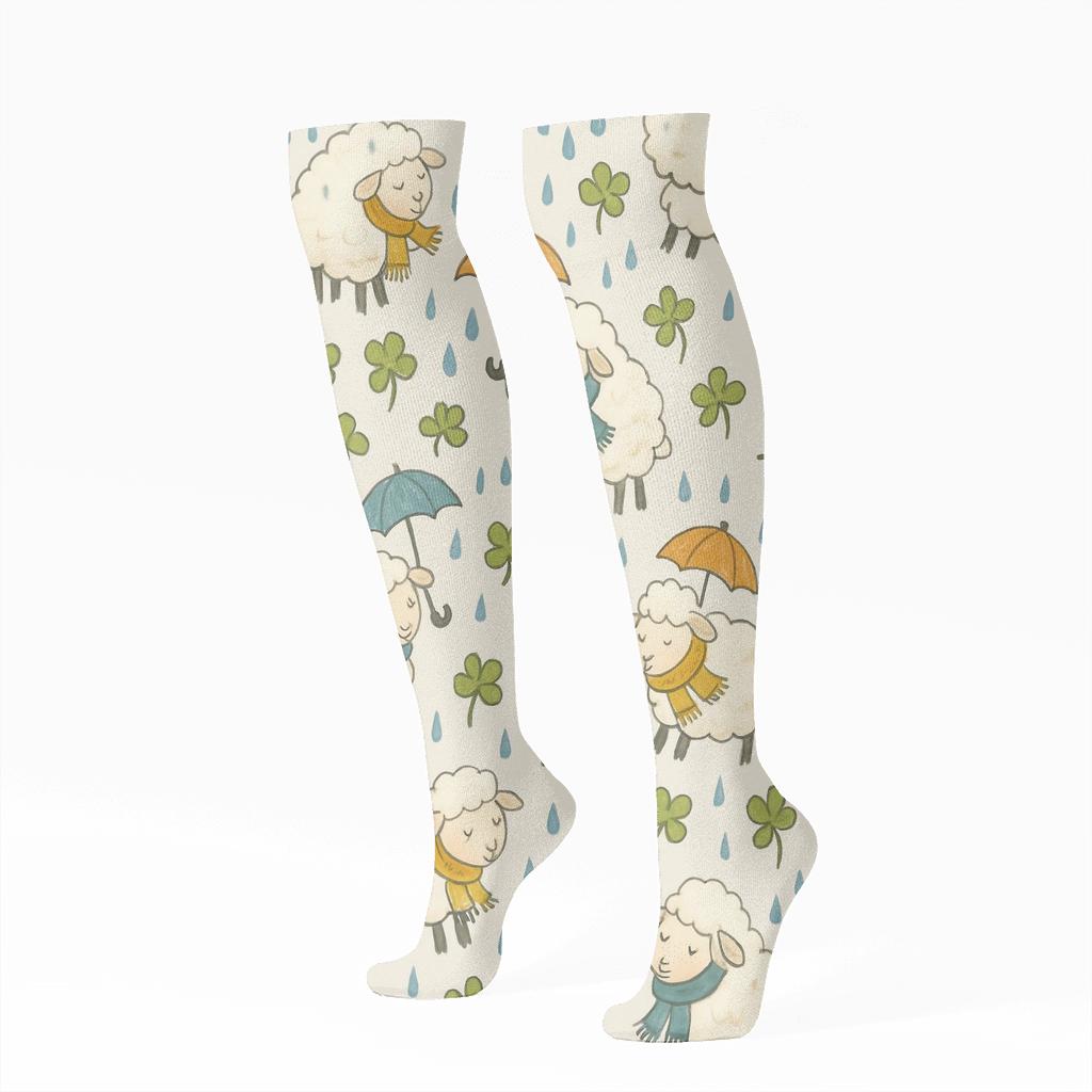 Playful Sheep Scene With Umbrellas custom knee-high socks