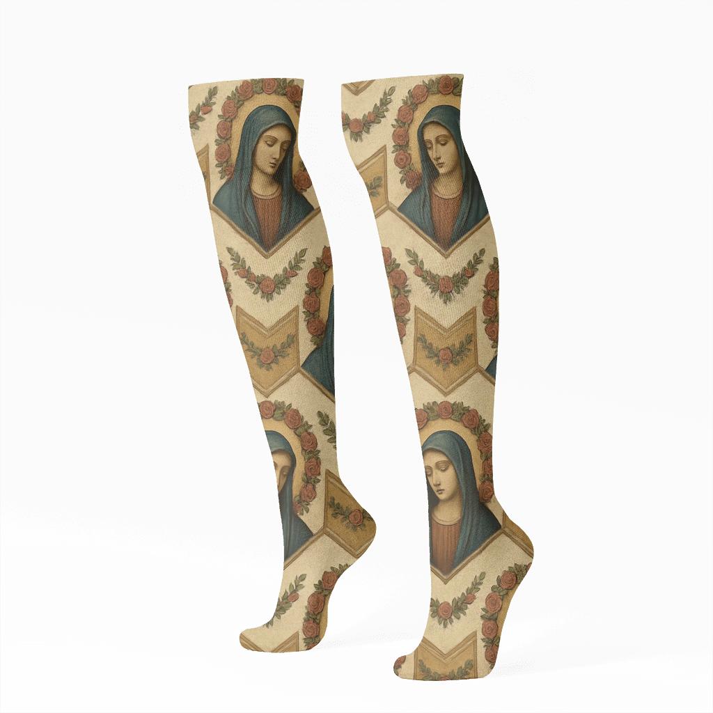 Rose Wreath Cameo Chevron With Mary trendy patterned knee-high socks