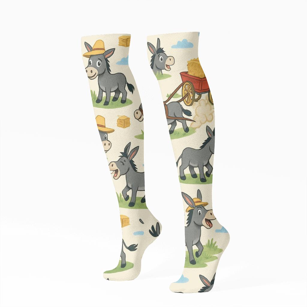 Playful Donkey Scenes All Over Print stylish athletic knee-high socks