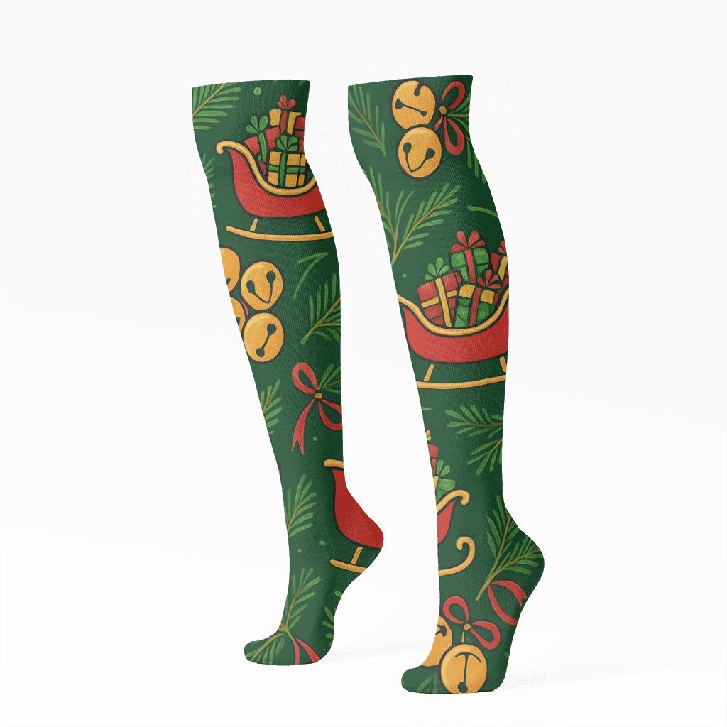 Sleigh Bells Scatter With Wrapped Gifts custom knee-high socks