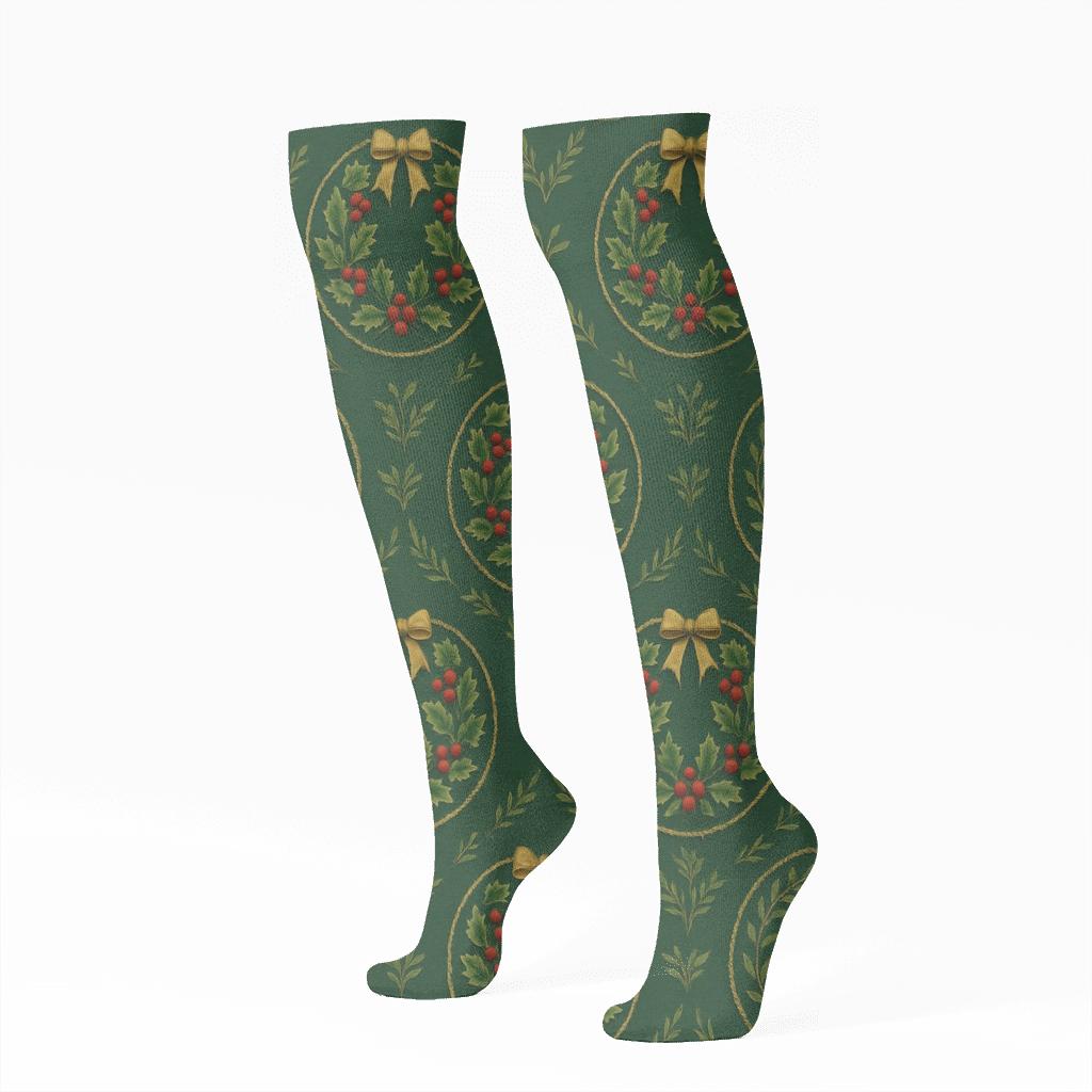 Holiday Holly Wreath Medallion Repeat premium sports knee-high socks
