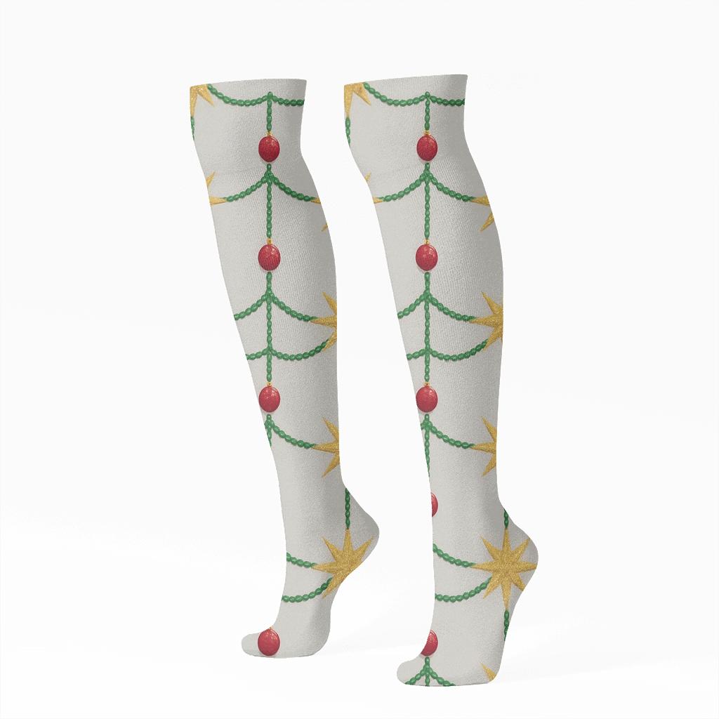 Starburst Garland Grid Xmas designer print knee-high socks