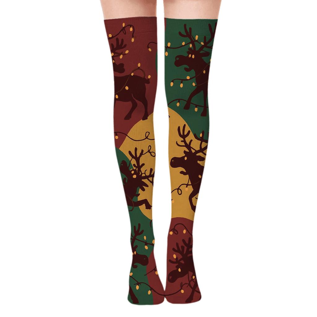 Reindeer With Lights Tangled Scatter Christmas designer print over-the-knee socks