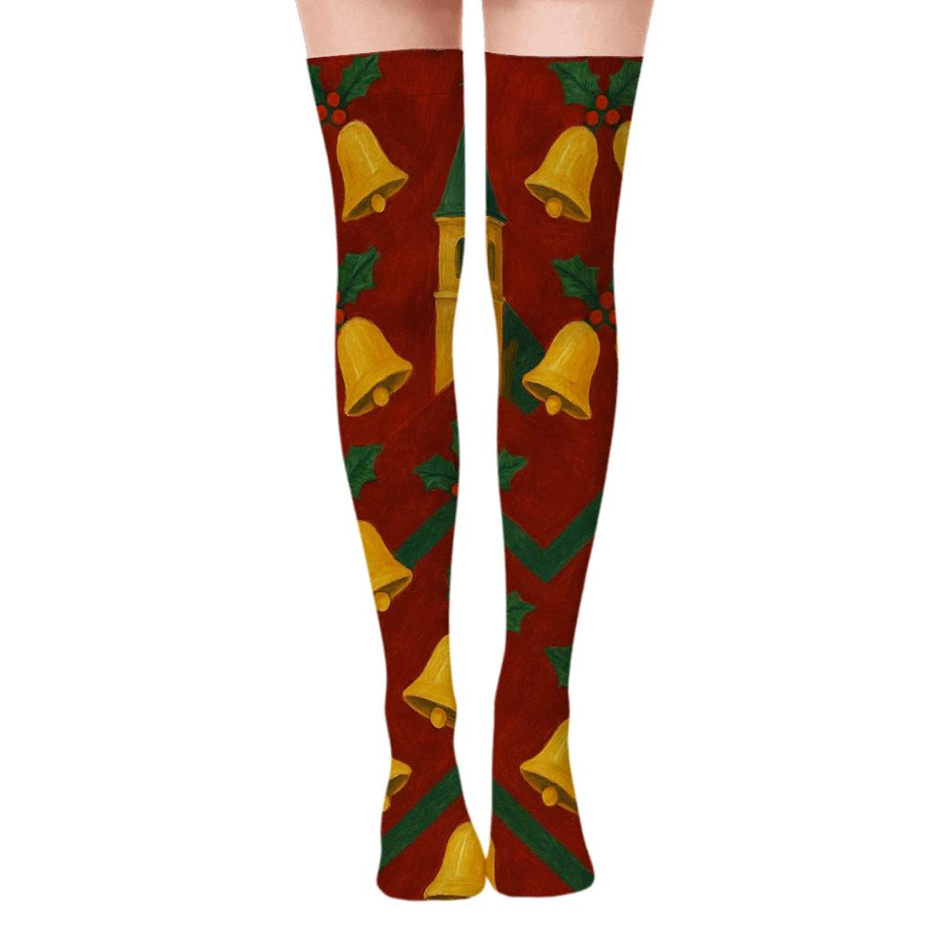 Festive Bells Chevron Christmas personalized over-the-knee socks