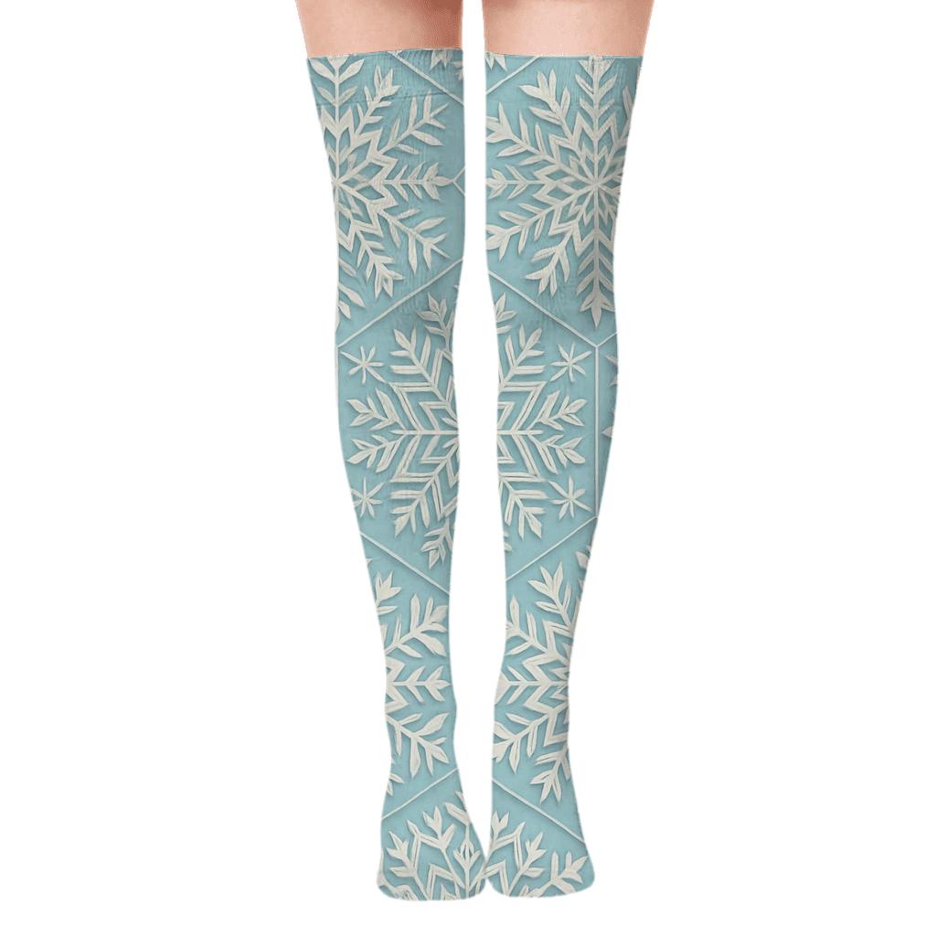 Snowflake Hexagonal Repeat Holiday designer print over-the-knee socks
