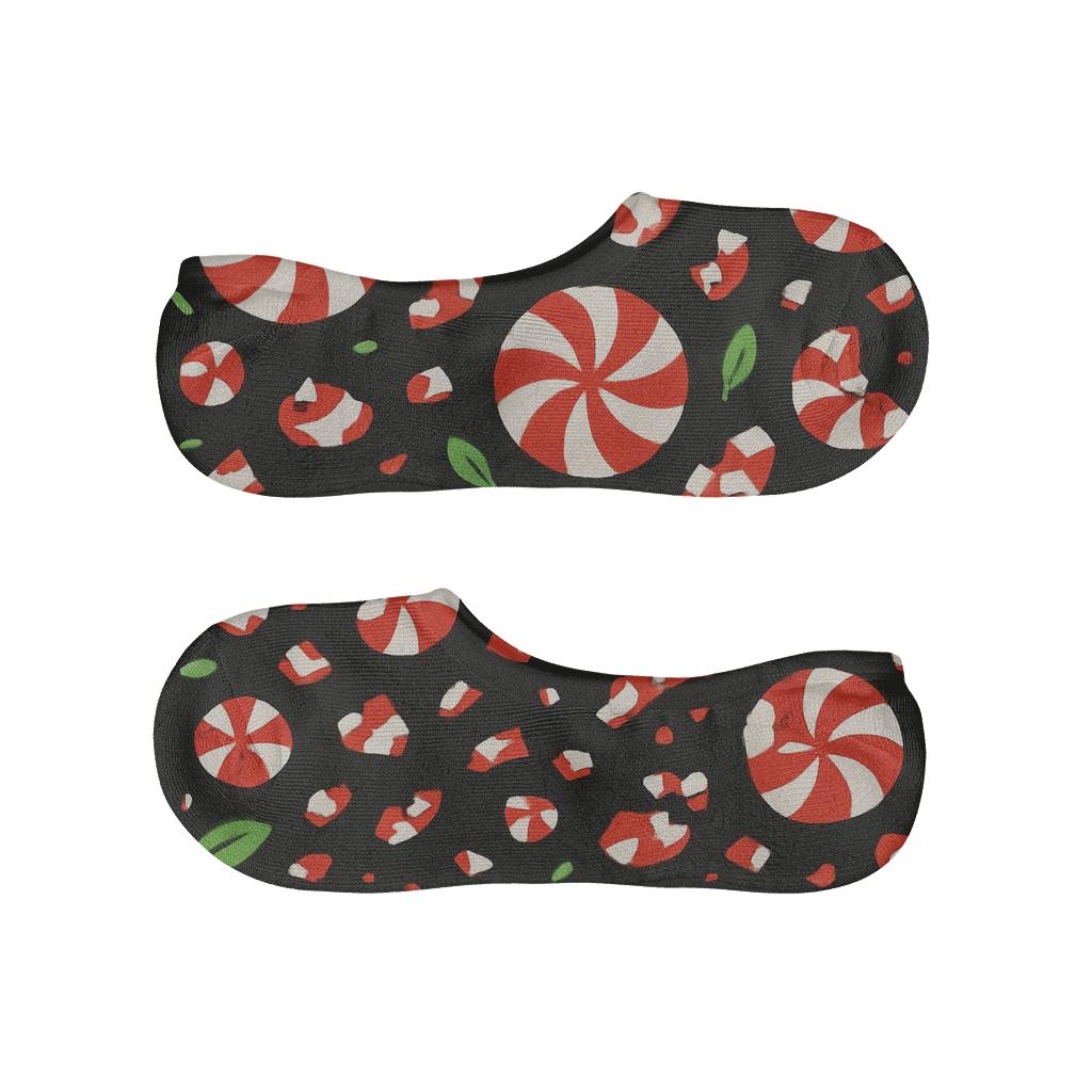 Holiday Peppermint Scatter On Black anti-slip no-show socks