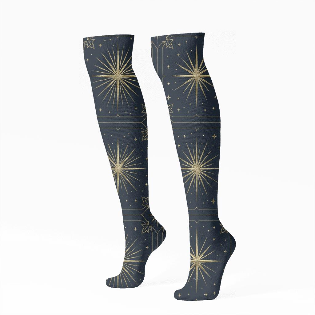 Starburst Constellation Grid On Navy Blue designer print knee-high socks