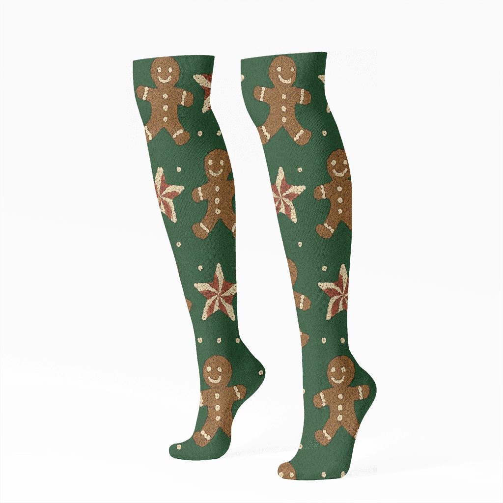 Gingerbread Men March Holiday unique graphic knee-high socks