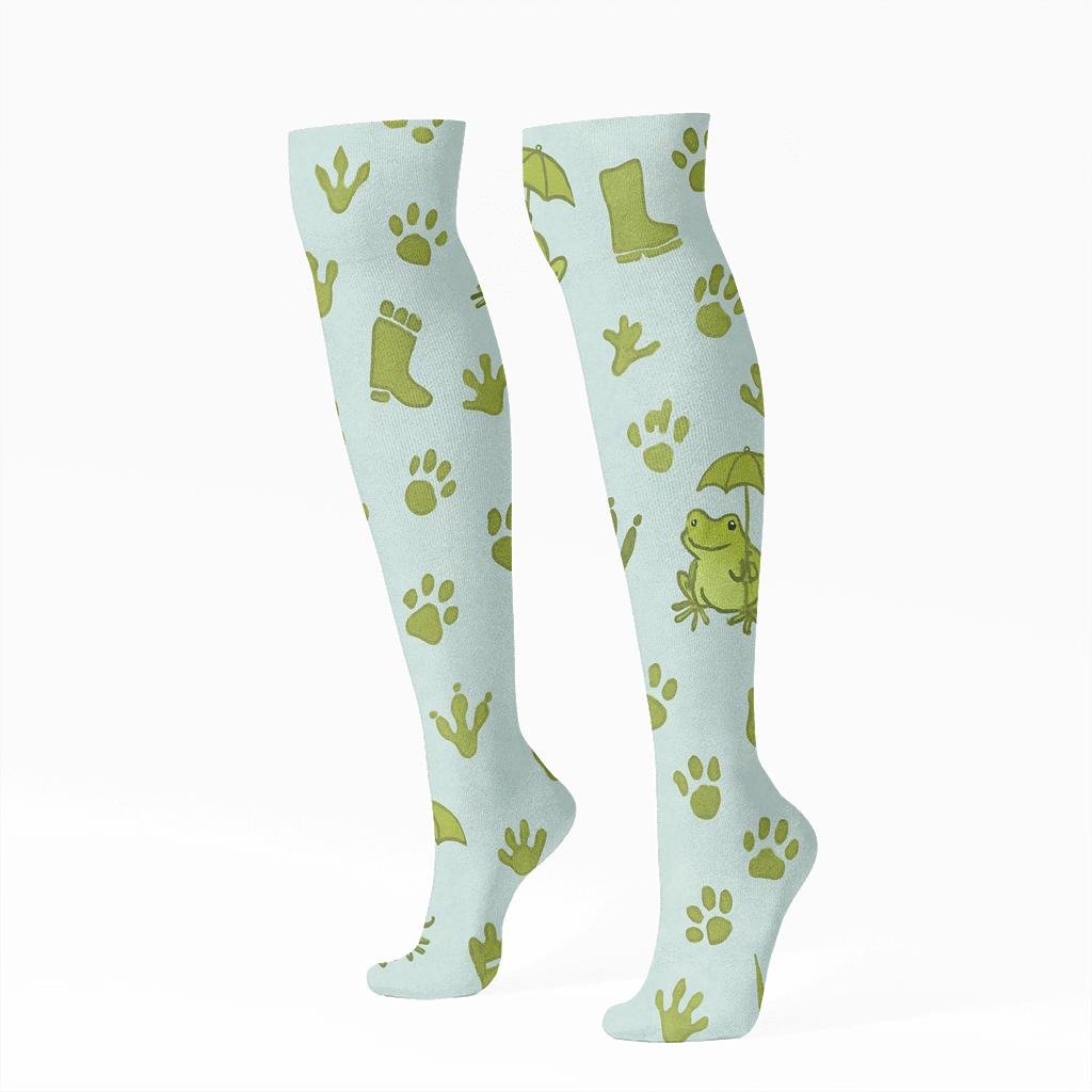 Wet Footprint Scatter On Pond Blue unique graphic knee-high socks